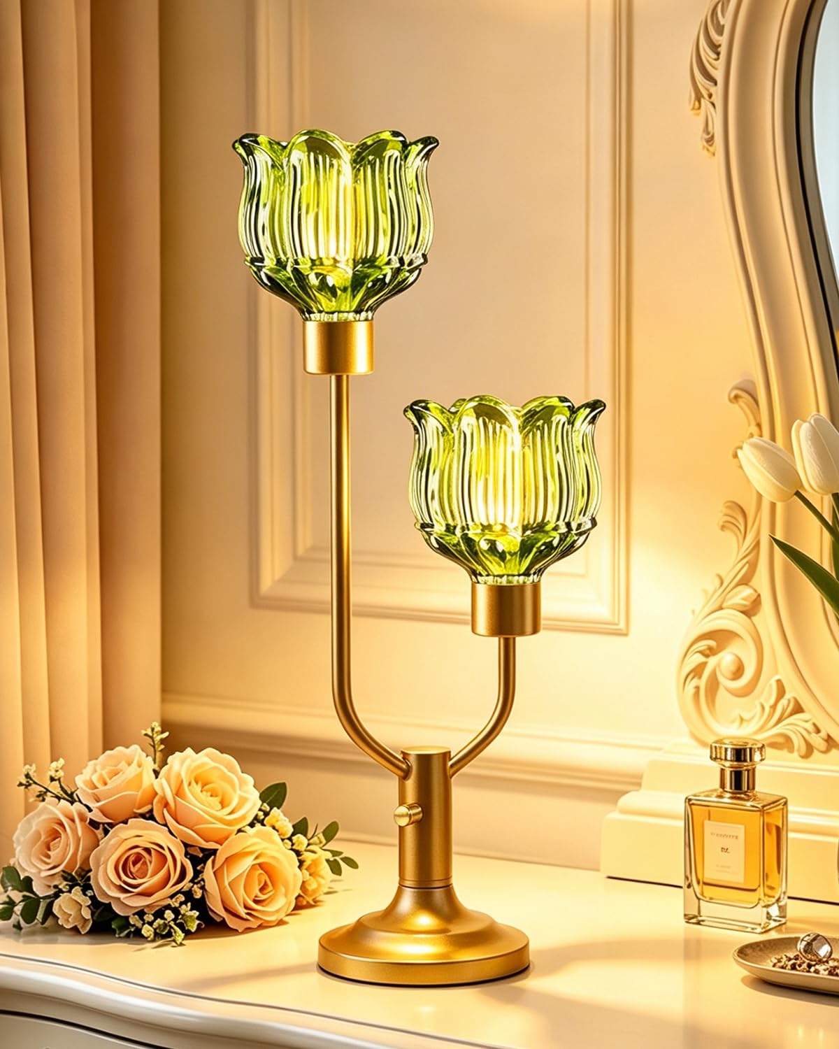 Lightdot Flower Table Lamp for Bedroom Vintage Green Glass Lamp Dimmable