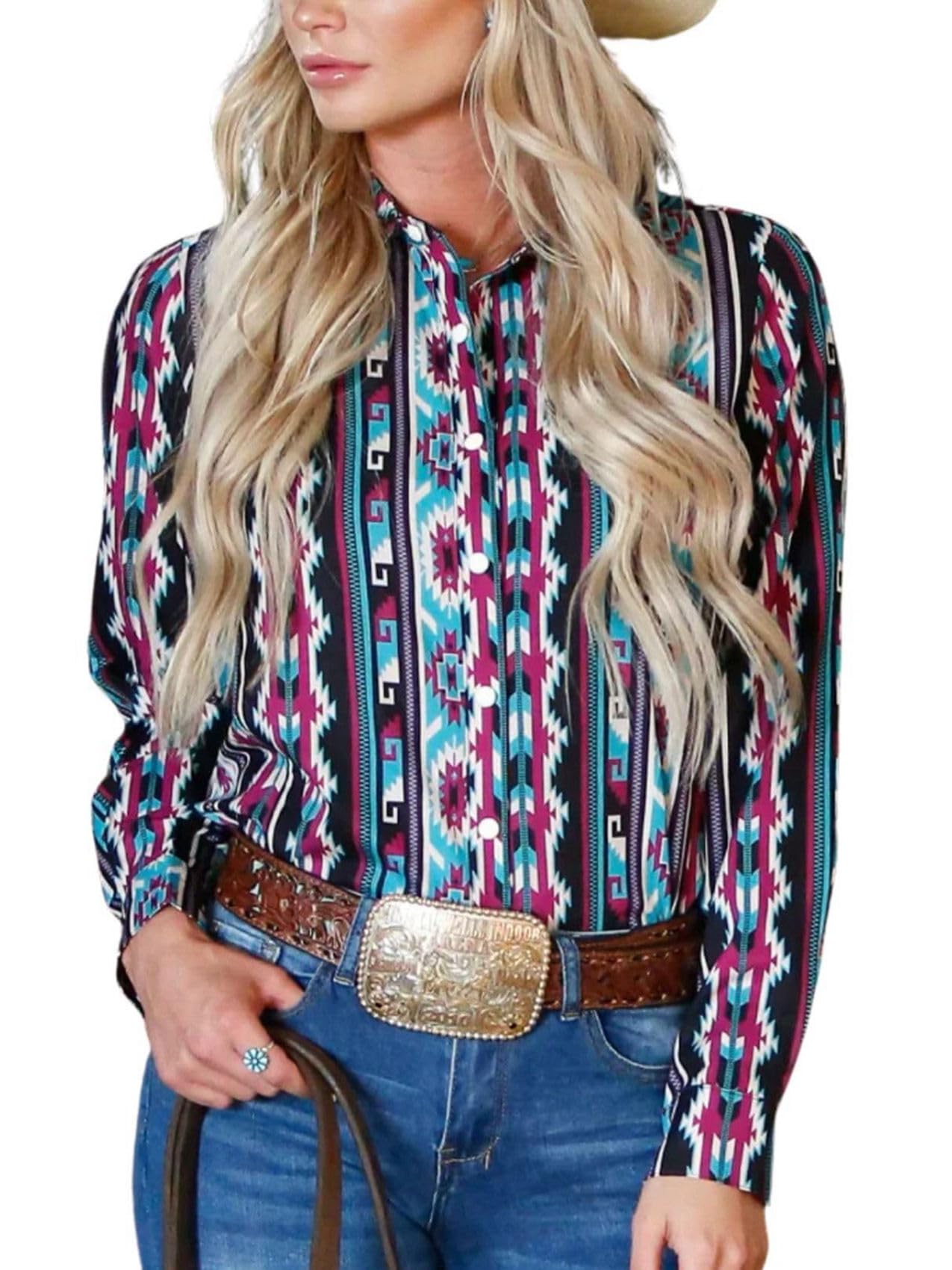 Bellesumyee Womens Retro Aztec Pearl Snap Shirts Lapel Button Up Blouse Long Sleeve Cowgirl Ethnic Print Rodeo Western Tops