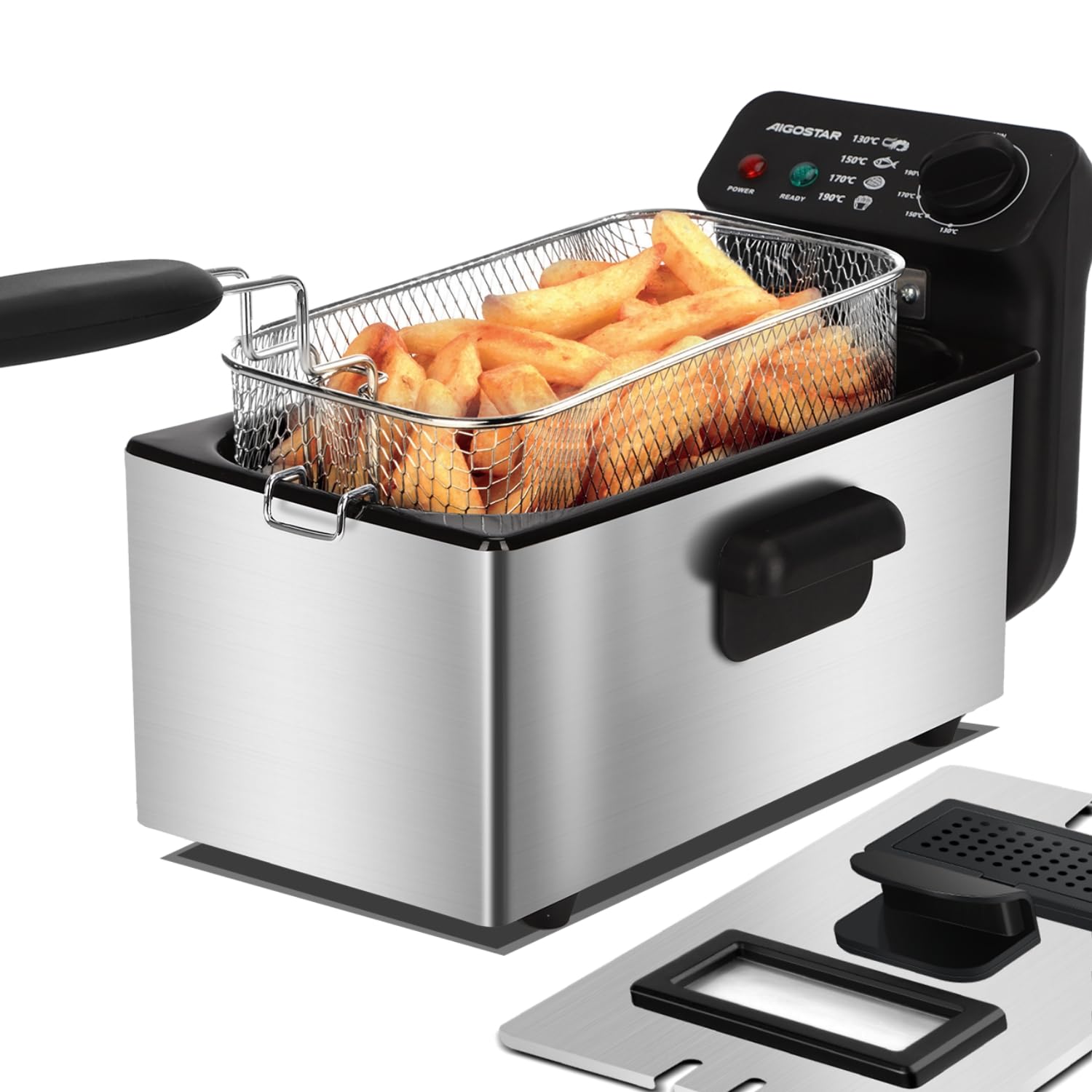 Aigostar Ushas 30HEZ 3 Litre Deep Fryer with 2200 Watt Power and Lid with Viewing Window, Type 304 Stainless Steel and Fully Removable Oil Drain Container