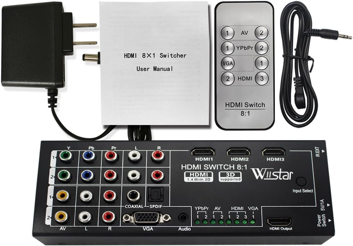 Wiistar Multi-Functional HDMI Converter Switch 8 Inputs to HDMI+COAXIAL+SPDIF Output Support 3D and Surround Sound for 1080P HDTV