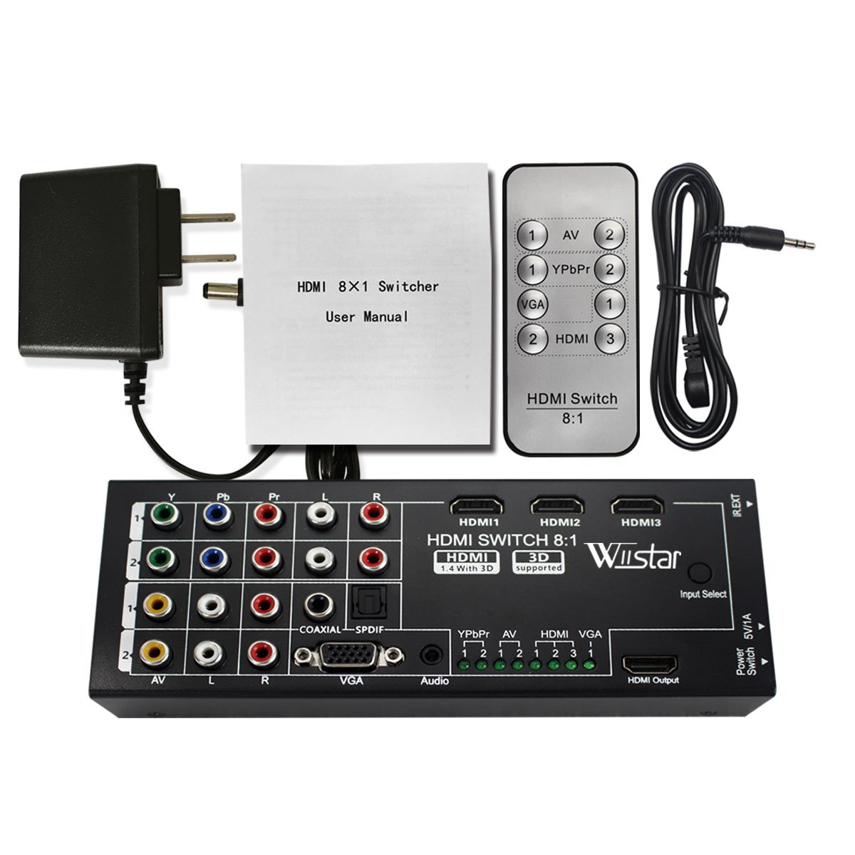 Wiistar Convertitore HDMI multifunzione Switch 8 ingressi a HDMI+COAXIAL+SPDIF Supporto uscita 3D e suono surround per HDTV 1080P