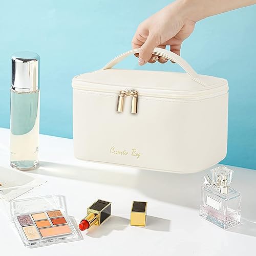 Miniatura 9 de KITENROM Bolsa de maquillaje de viaje portátil para mujer, bolsa de aseo grande, organizador impermeable (beige claro)
