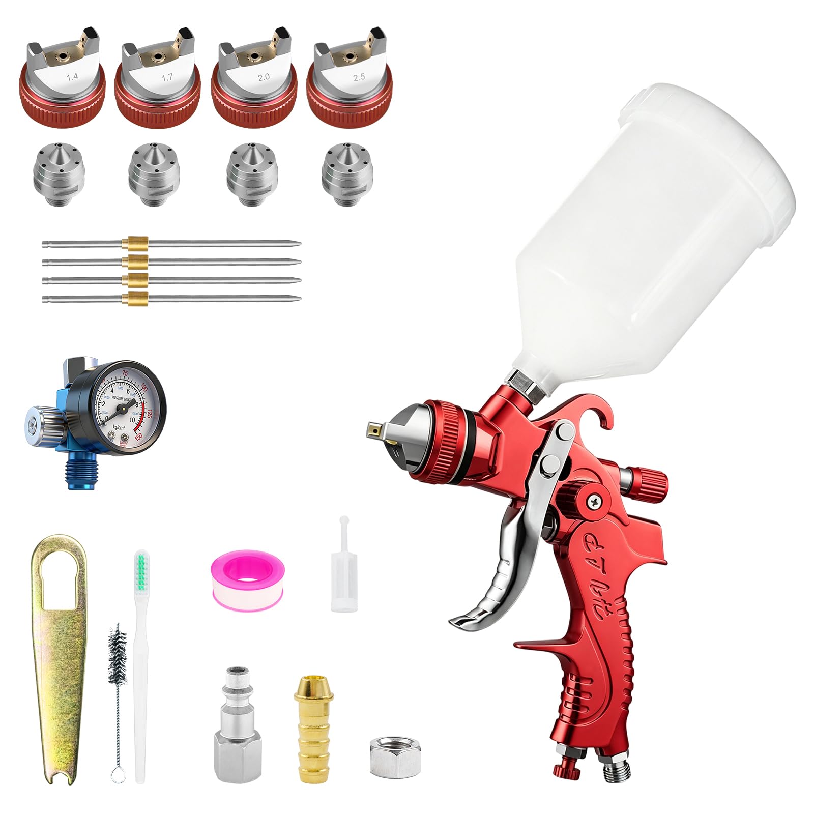 Pistolet HVLP avec Buses de 1,4/1,7/2,0/2,5 mm et manomètre, kit de Pistolet à air Comprenant Un Pistolet à Peinture Automobile à Alimentation par gravité, adapté à la Peinture Automobile
