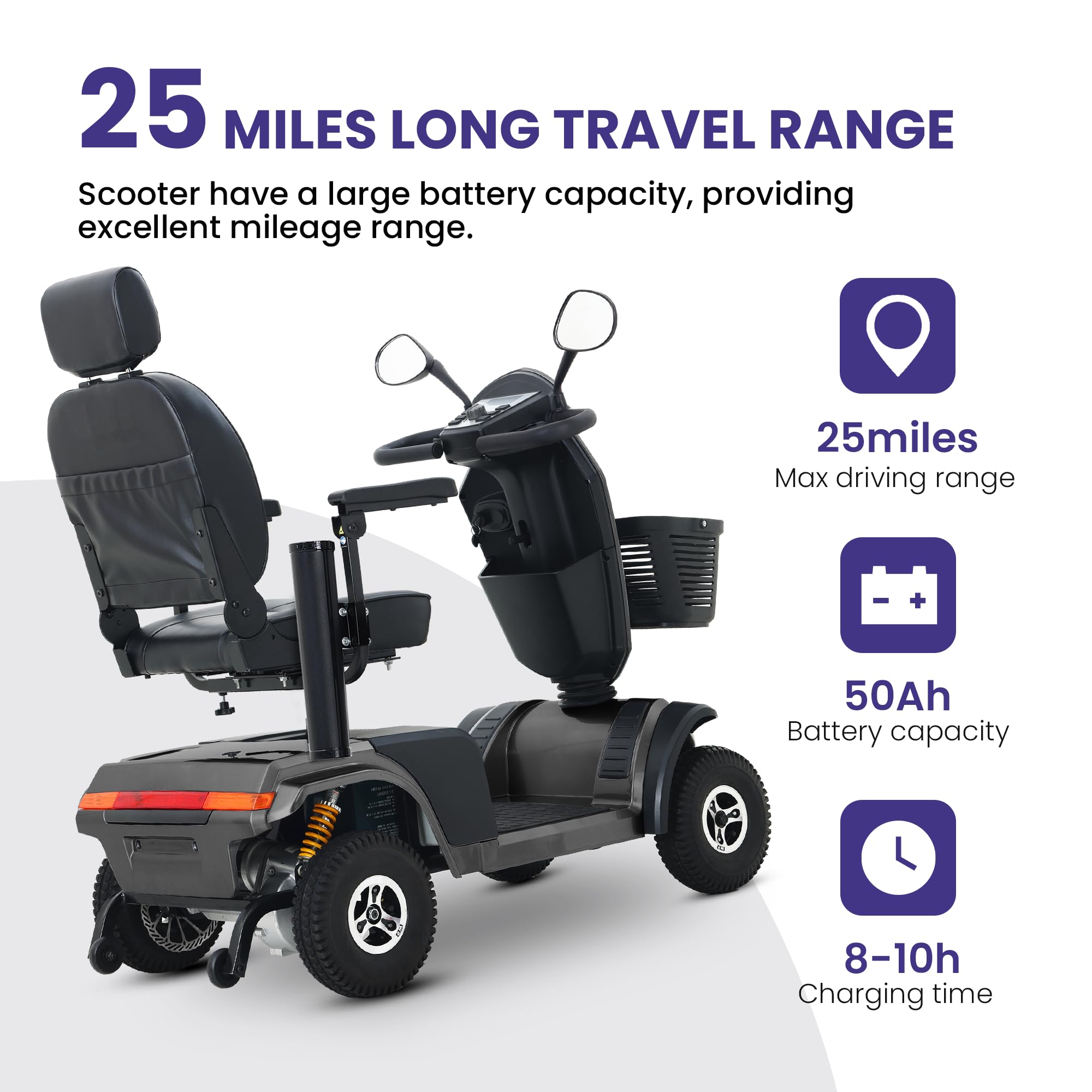 4 Wheel Heavy Duty Mobility Scooter for Adults, Seniors Mobility Scooter, 25Miles Range, Lots of Legroom, with Rearview Mirror and Front & Rear LED Lights, Black, 350lbs Weight Capacity