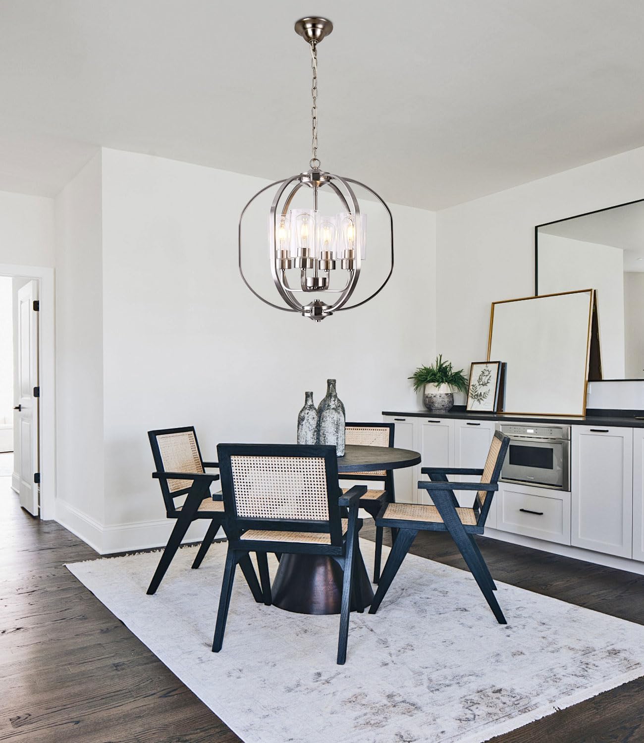 BOZO 4 Light Brushed Nickel Dining Room Light Fixture,Modern Globe Kitchen Chandeliers Over Table，Adjustable Height Industrial Hanging Pendant Lights for Kitchen Island with Clear Glass Shade