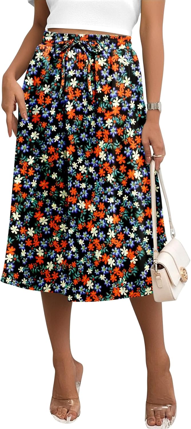 Angerella Womens Skirt Midi High Waist A-Line Casual Floral Print Trendy Bohemia Work Elegant with Pockets - Image 5