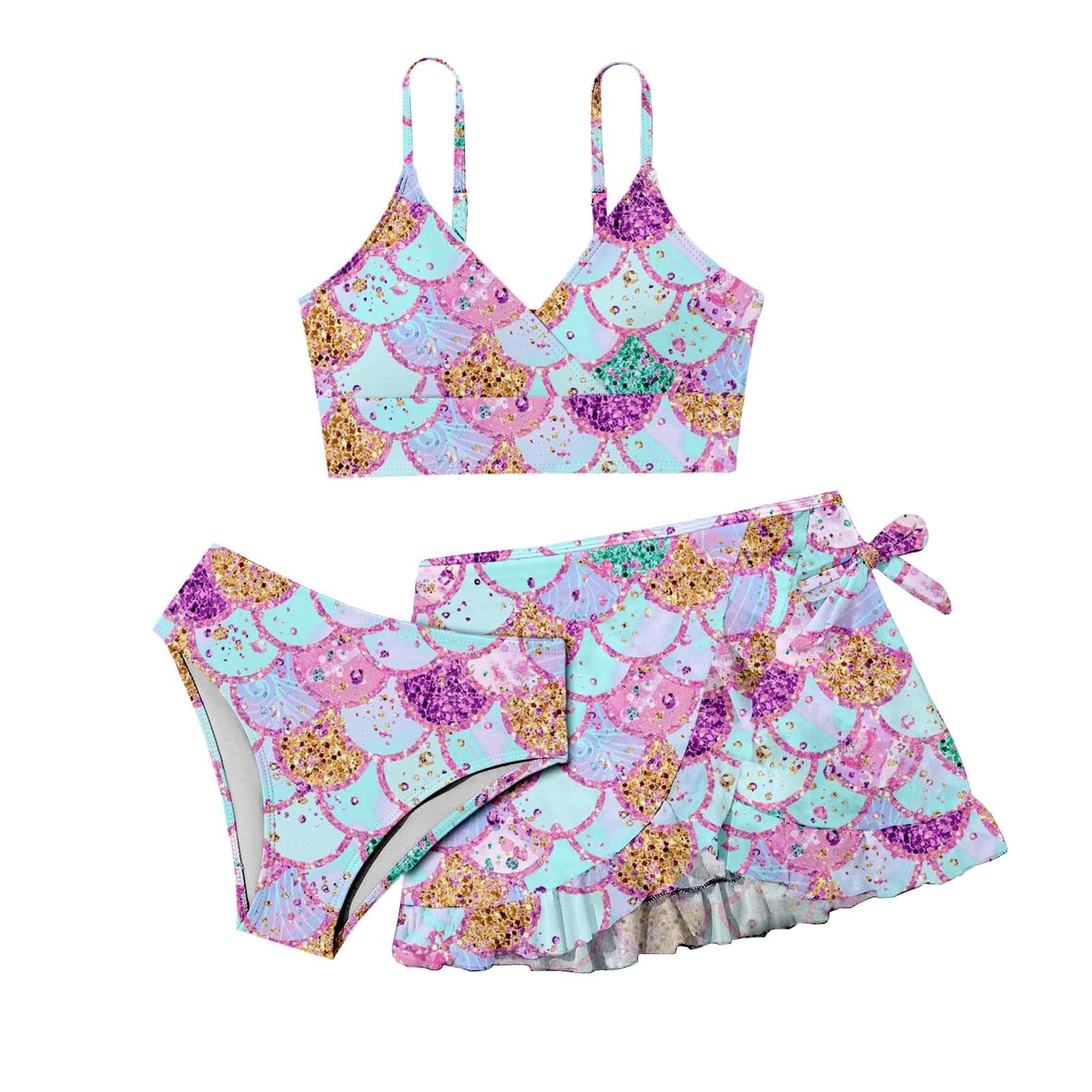 Cokbyavla Girls 14Pink 'S Bikini Swimsuit With Beach Skirt, 3Pieces Kids Swim Cover Up Tankini For Teens Toddler Bathing Suit Ruffled (,12-13 Years)