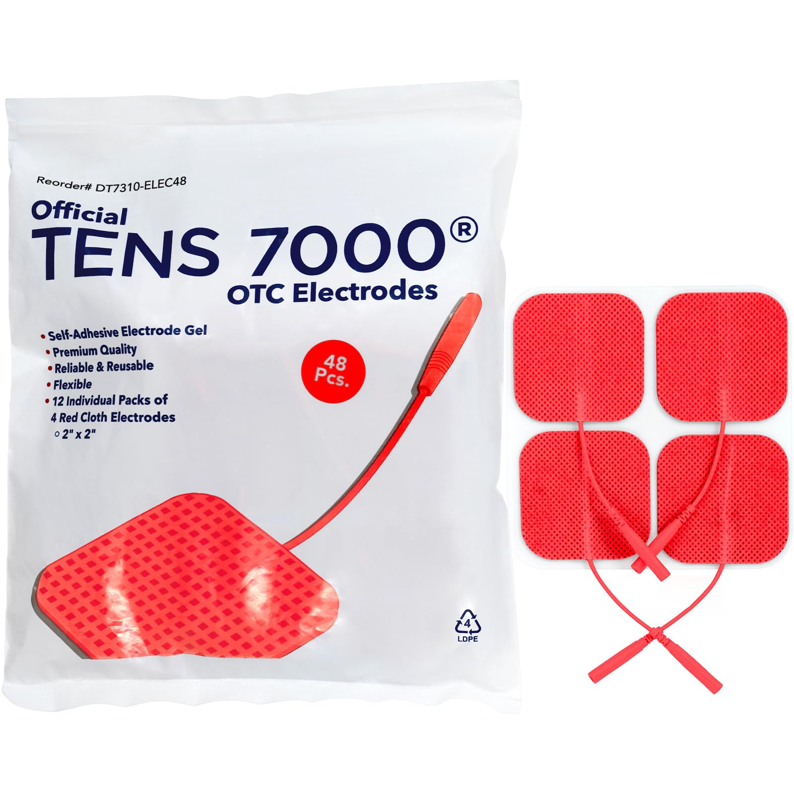 TENS 7000 Official TENS Unit Electrode Pads, 48 Pack, Premium Quality OTC Replacement Pads, 2" X 2", Compatible with Most Stim Machines Value Pack Replacement, Red