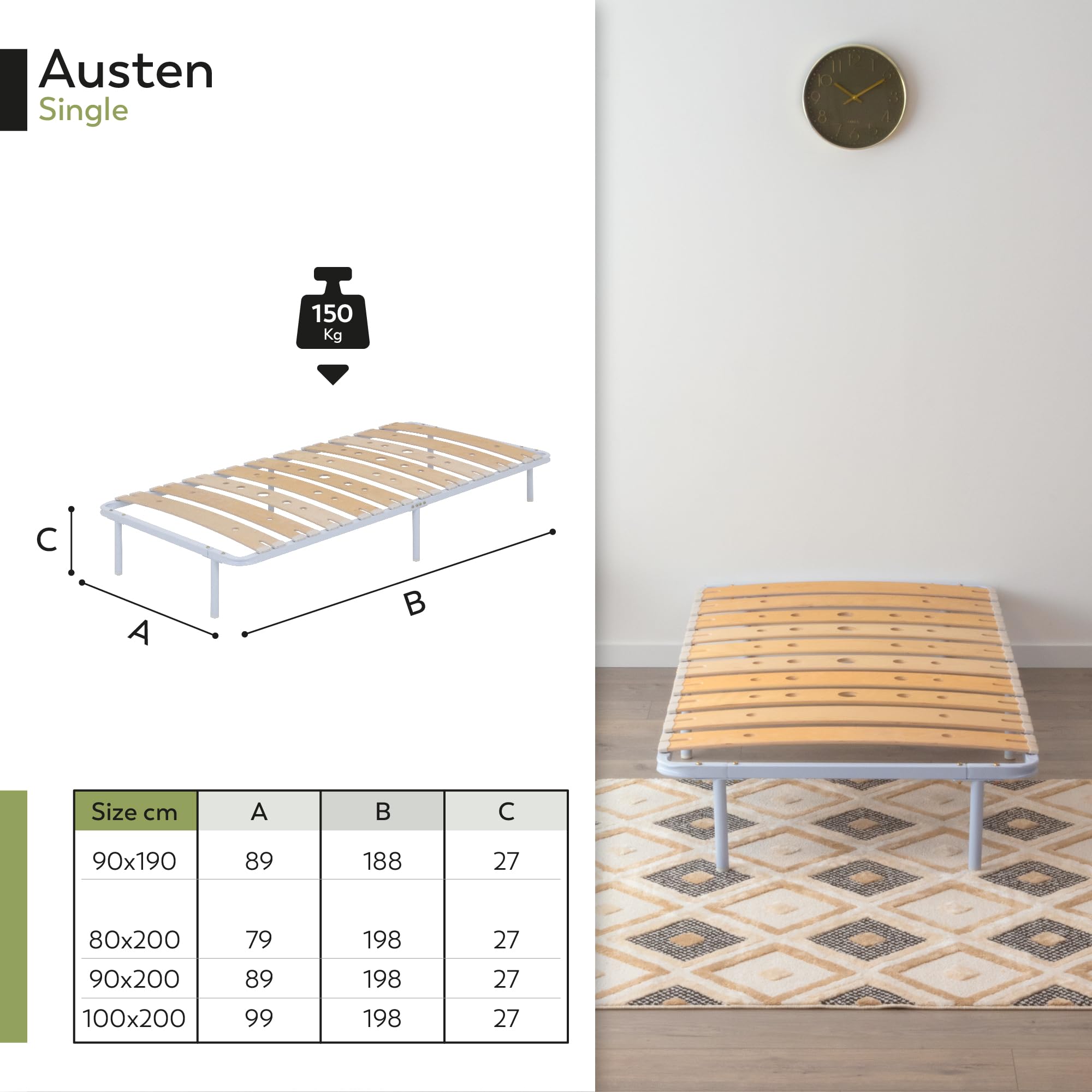 Somier Austen IF17 100x200 cm con Lamas de Madera de Abedul Amortiguadas, Estructura Metálica Blanca, Altura de 23cm con Espacio de Almacenaje Inferior