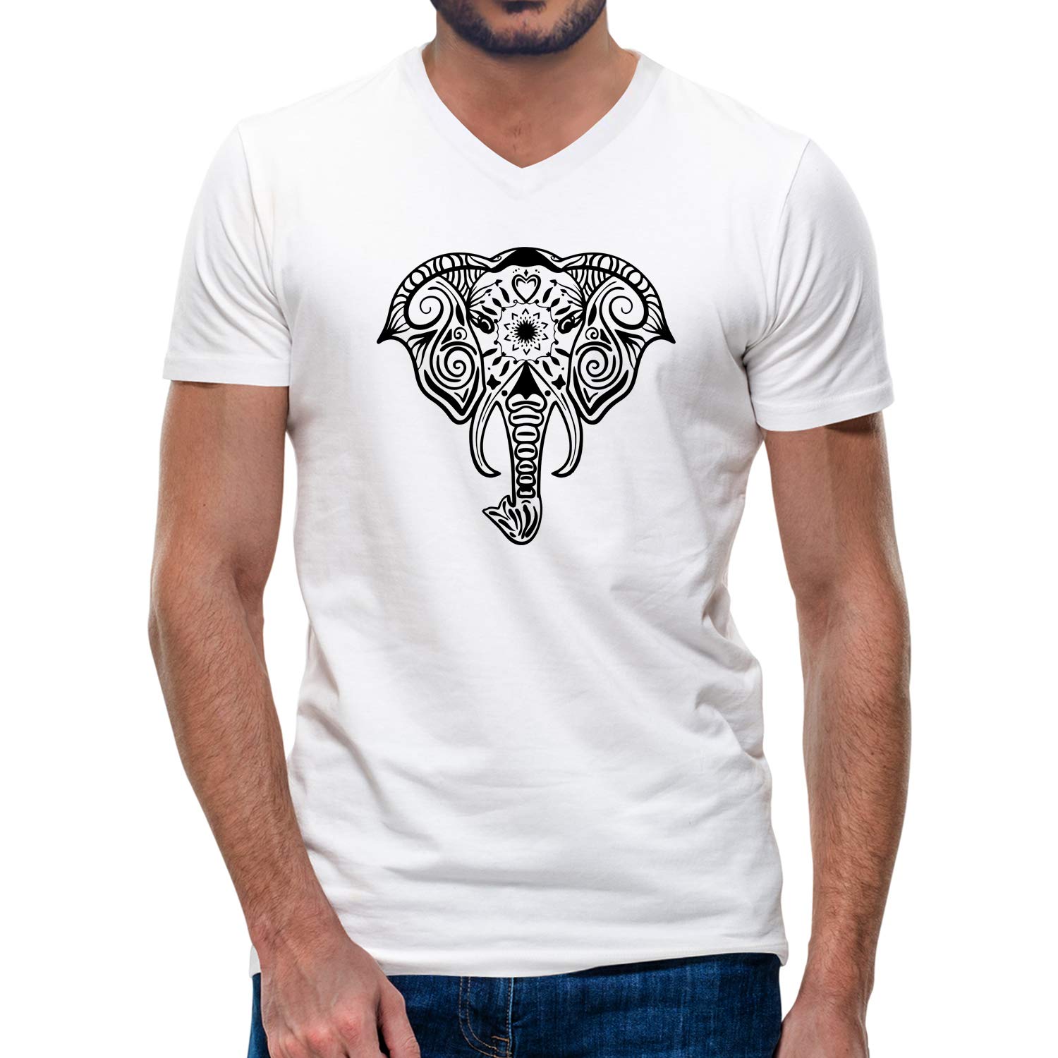 OPLUMen's Regular Fit Mandala Elephant Design Cotton Graphic Printed V Neck Half Sleeves Trending, Mandala, Pootlu, Mandala Art Tees and Tshirts.(Pooplu_White_Large)