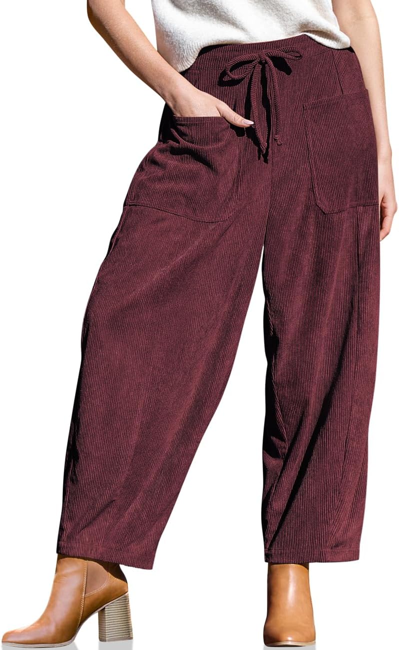 TARSE Women’s Corduroy Pants Baggy Wide Leg Pants Casual Elastic Waisted Palazzo Harem Pants with Pockets