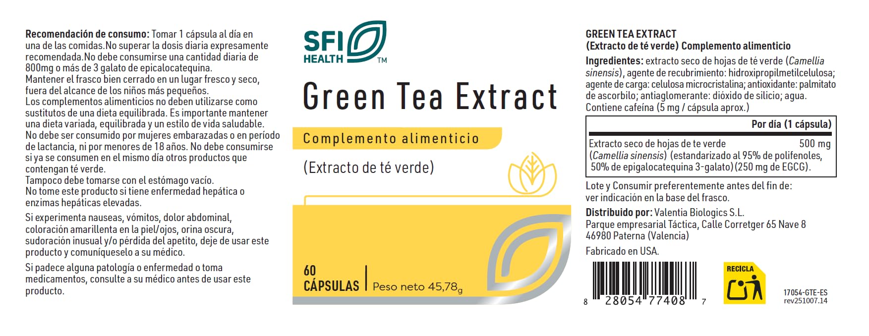 GREEN TEA EXTRACT, Extracto de té verde, 500 mg
