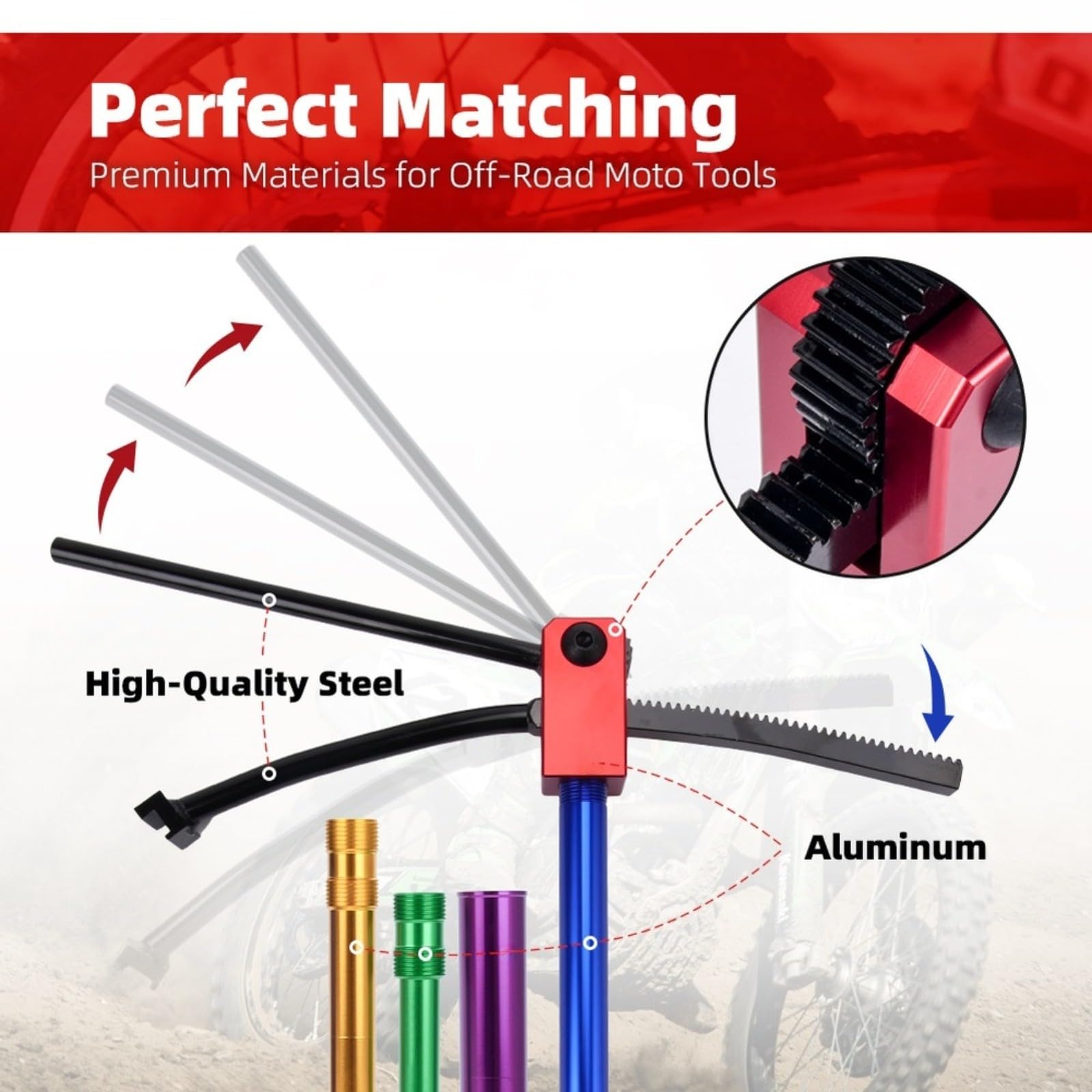 Herramienta de cambio de neumáticos de motocicleta ajustable para ruedas de 16 a 21 pulgadas, kit de alineación de ruedas todoterreno para ejes de 15 a 25 mm de acero de aluminio