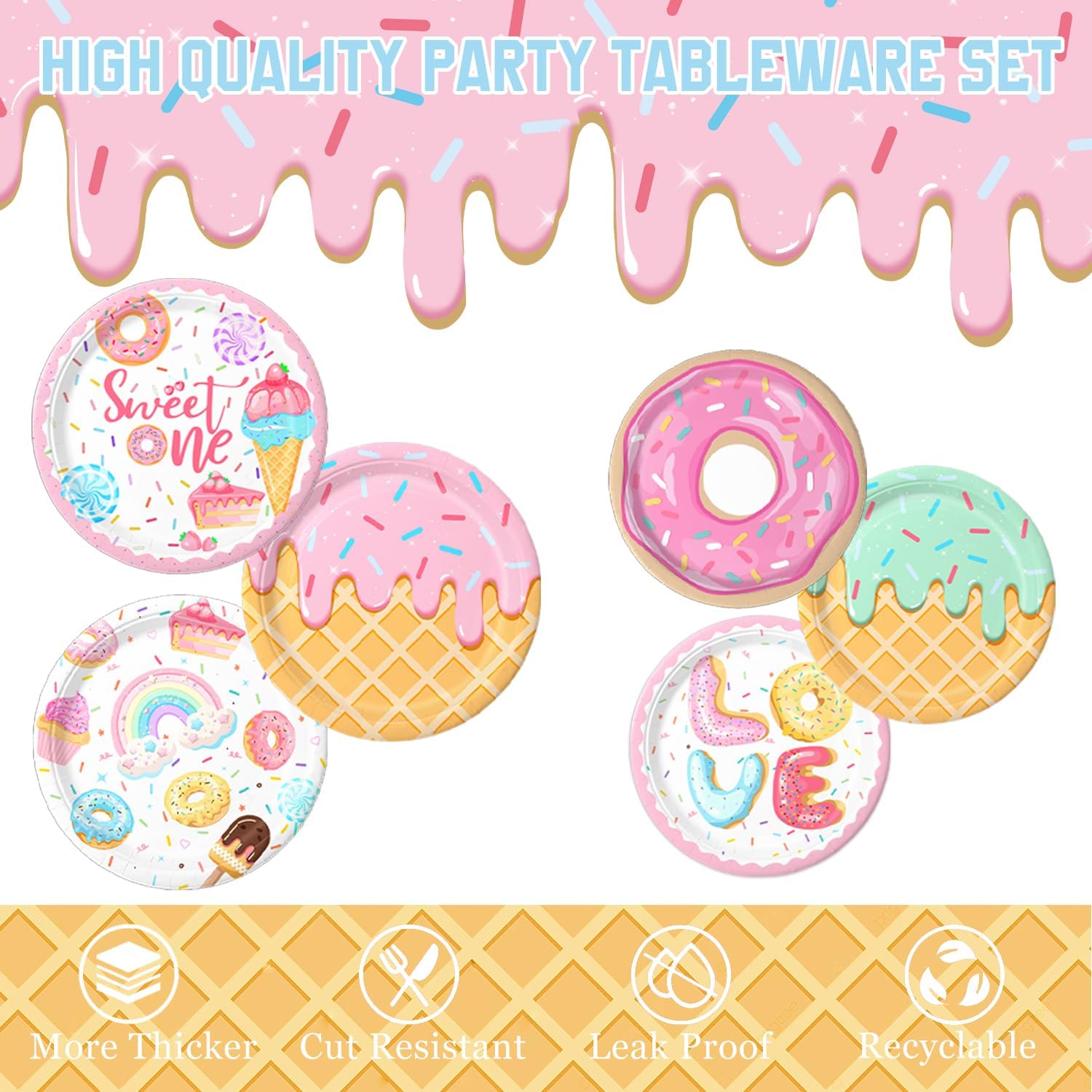 Sweet One Birthday Party Decorations Includes Plates, Napkins, Cups, Cutlery, Cake & Cupcake Toppers, Banner, Hanging Swirls, Tablecloth, Balloons for Girl Donut First Birthday Decorations, Serve 24 - Image 3