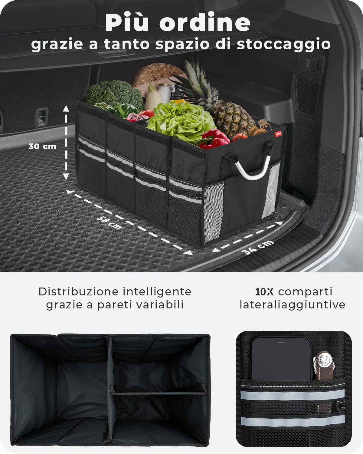 achilles Cassaforte, robusta scatola pieghevole per auto con coperchio stabile, organizer per bagagliaio, borsa pieghevole per auto, cestino pieghevole, scatola di immagazzinaggio, 58 x 34 x 30 cm