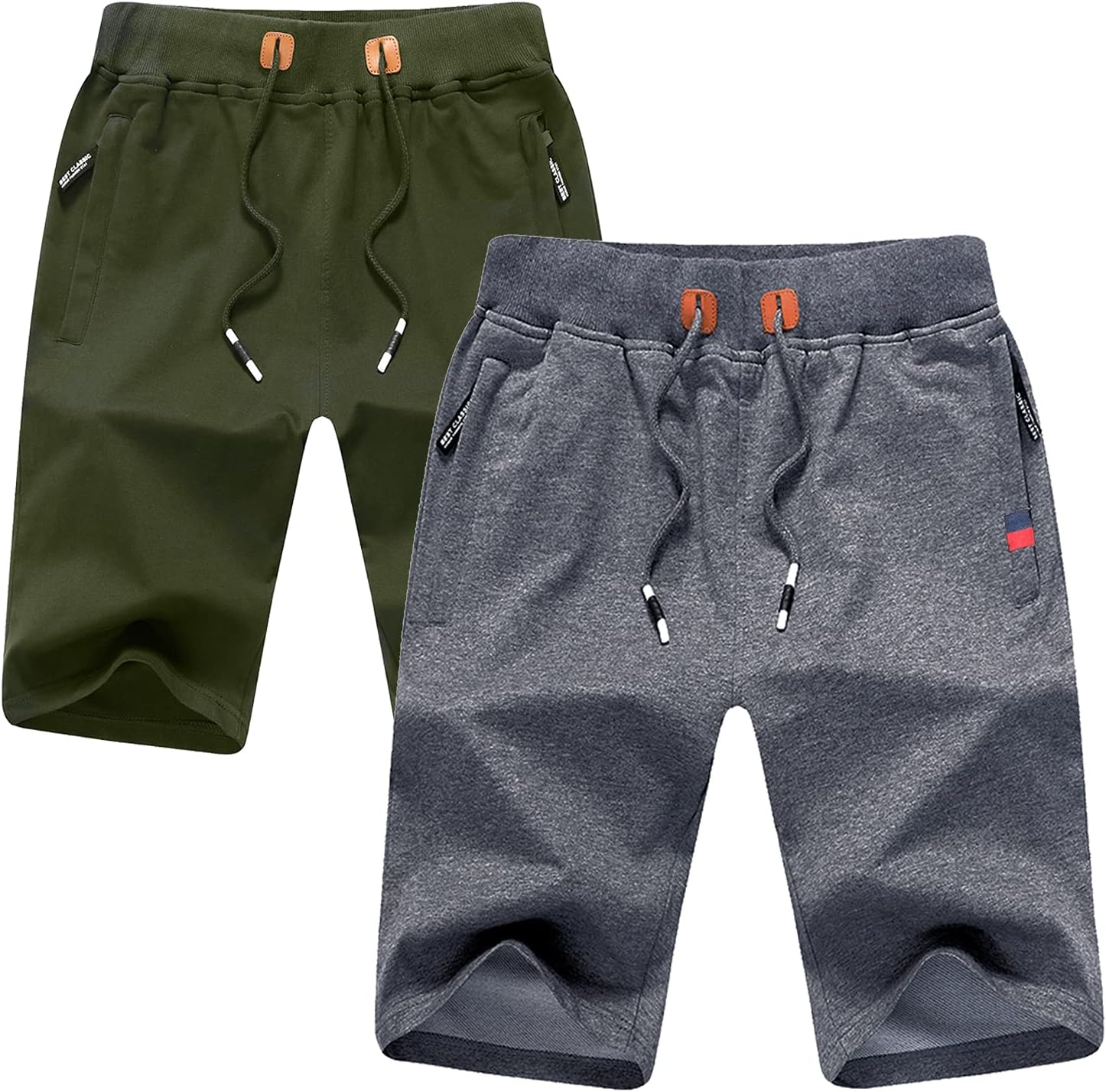 IRELIA 2 Pack Boys Shorts Drawstring Elastic Waist Zipper Pockets Agreen Gray XS
