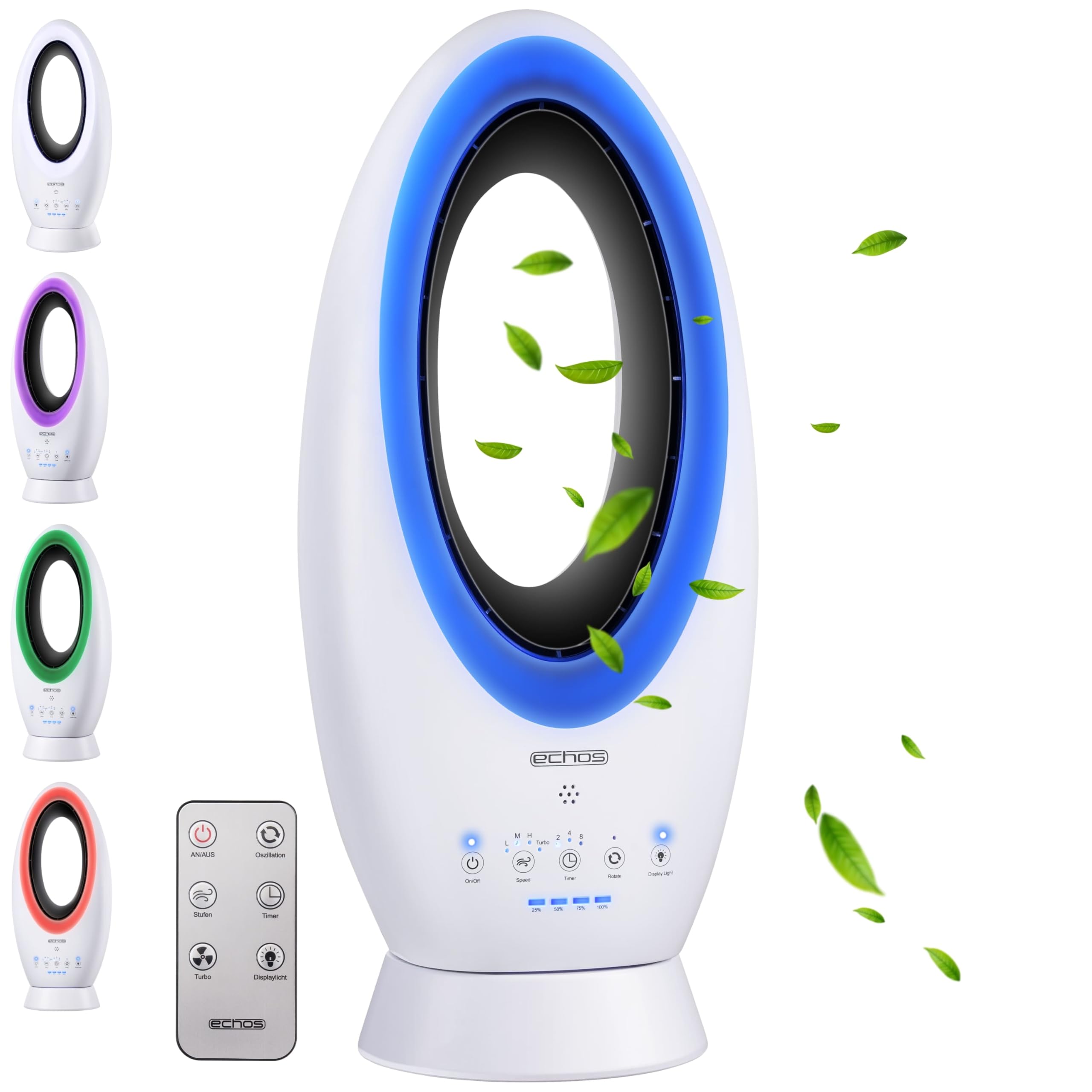 Echos®- 2-in-1 Design Akku Turmventilator Standventilator mit Fernbedienung kabellos - Akku- oder Strombetrieb - Leiser Ventilator Tischventilator oszillierend - Fernbedienung LED Beleuchtung