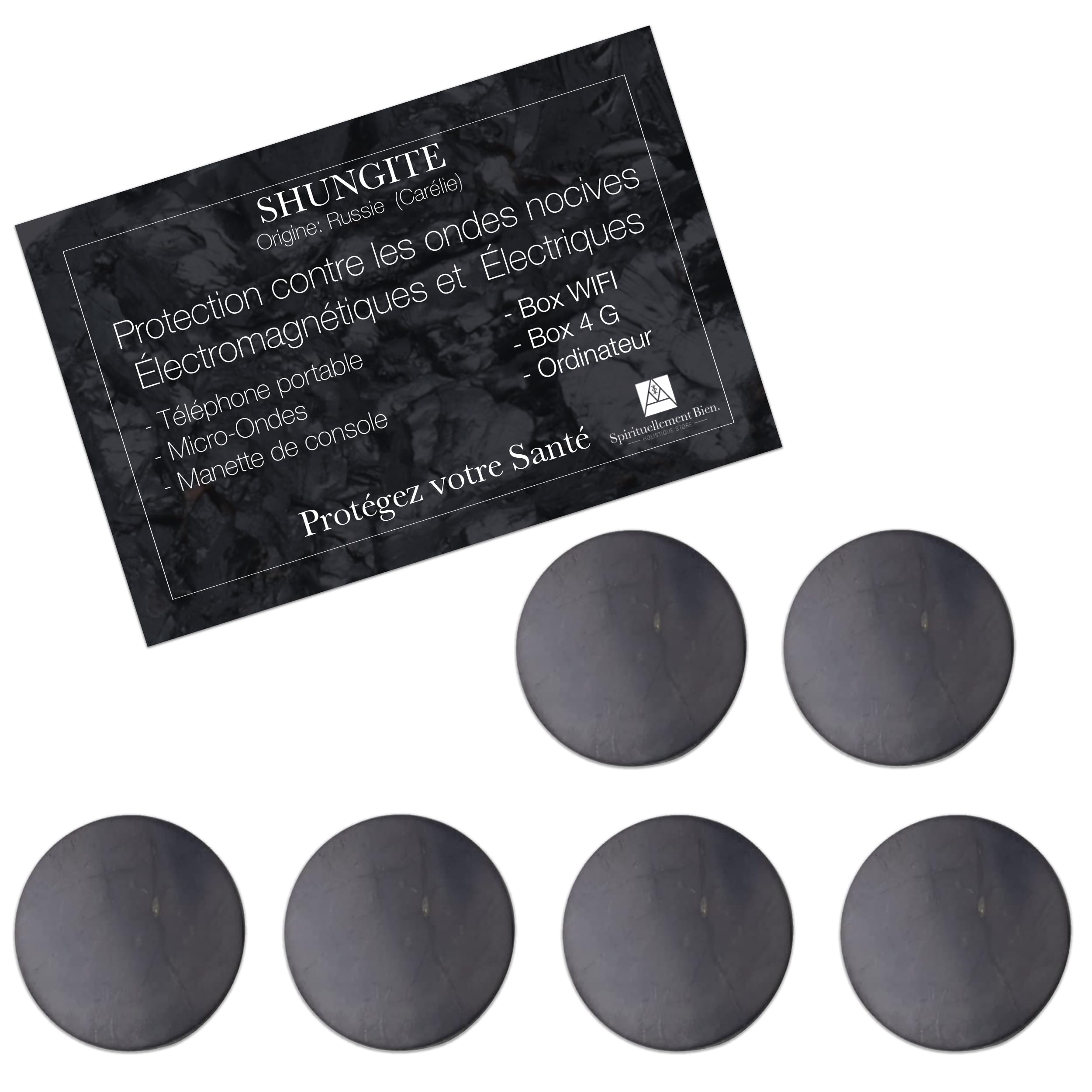Lote de 6 pastillas de parche adhesivo de shungite piedra natural lithotherapie - piedra natural de protección anti ondas electromagnéticas para su teléfono móvil, wifi