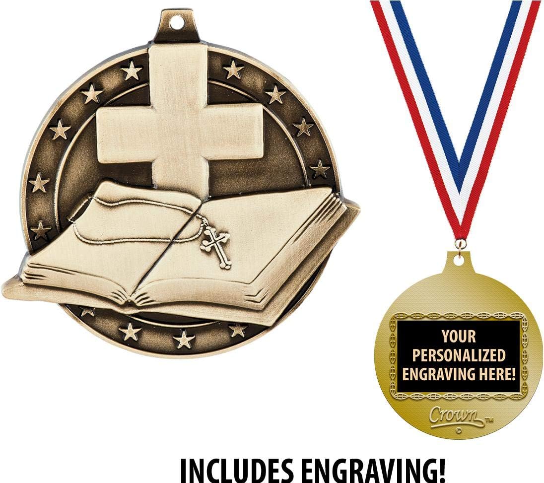 Religious Medals, 2" Gold Open Bible Medal Award with Free Custom Engraving