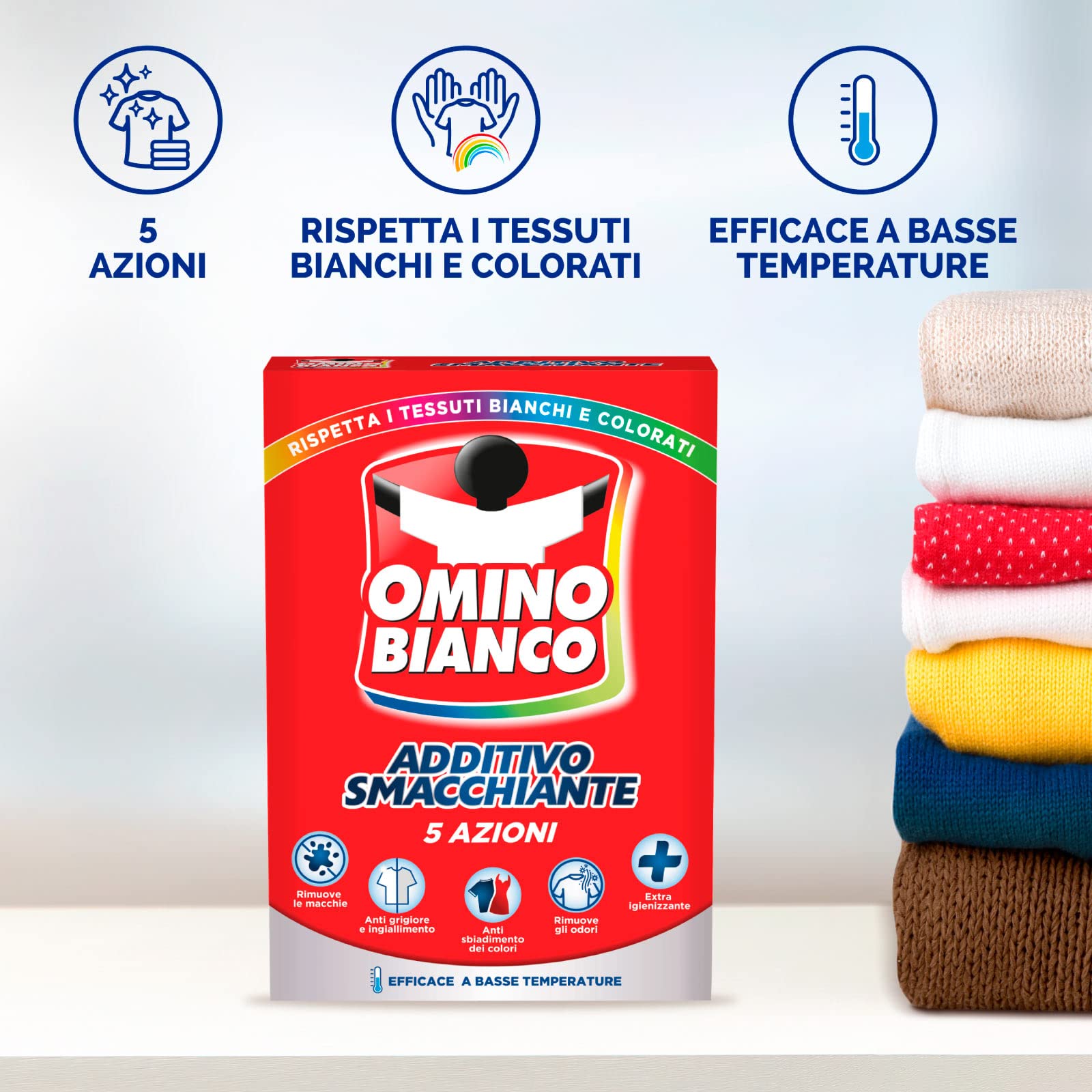 Omino Bianco - Aditivo para lavadora en total 5 acciones en 1 en polvo para ropa, quitamanchas e higienizante, 500 g x 8 unidades