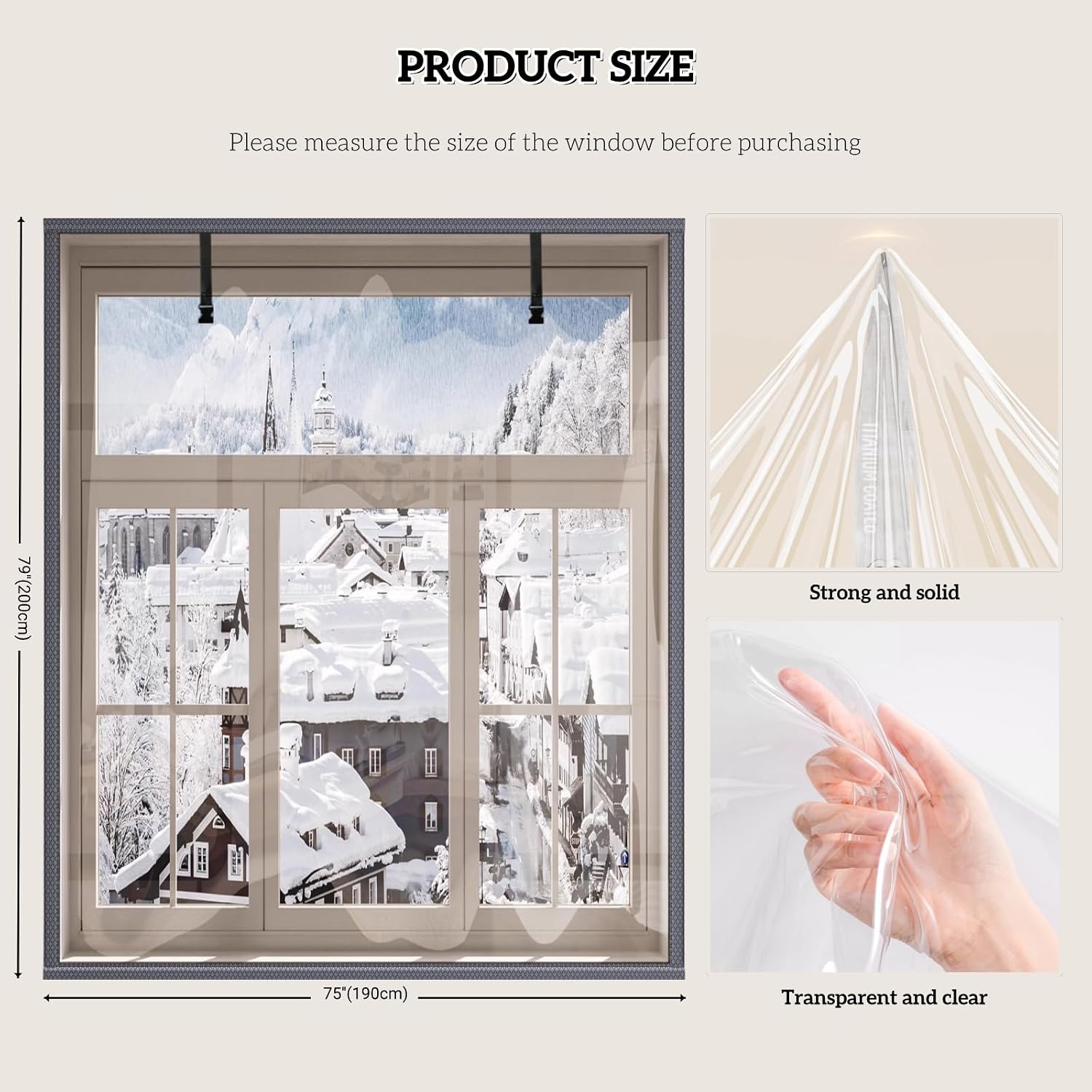 Window Insulation Kit for Winter 75''X79'', Reusable Clear Window Film, Non-Cutting Thick Plastic wtih Velcro Tape and Tacks, Rollable Window Curtain