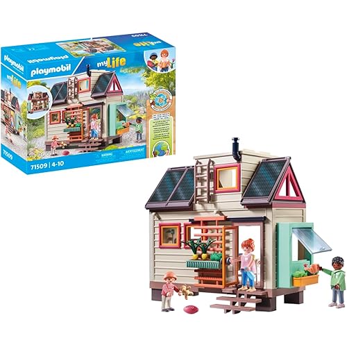 Playmobil Tiny House Pretend Play Toy Playset - 160 Piece Bundle Made with Recycled Material - Includes 3 Mini Figures, Furniture, Kitchen, Attic, Solar Panel Roof & Customizable Decor for Kids