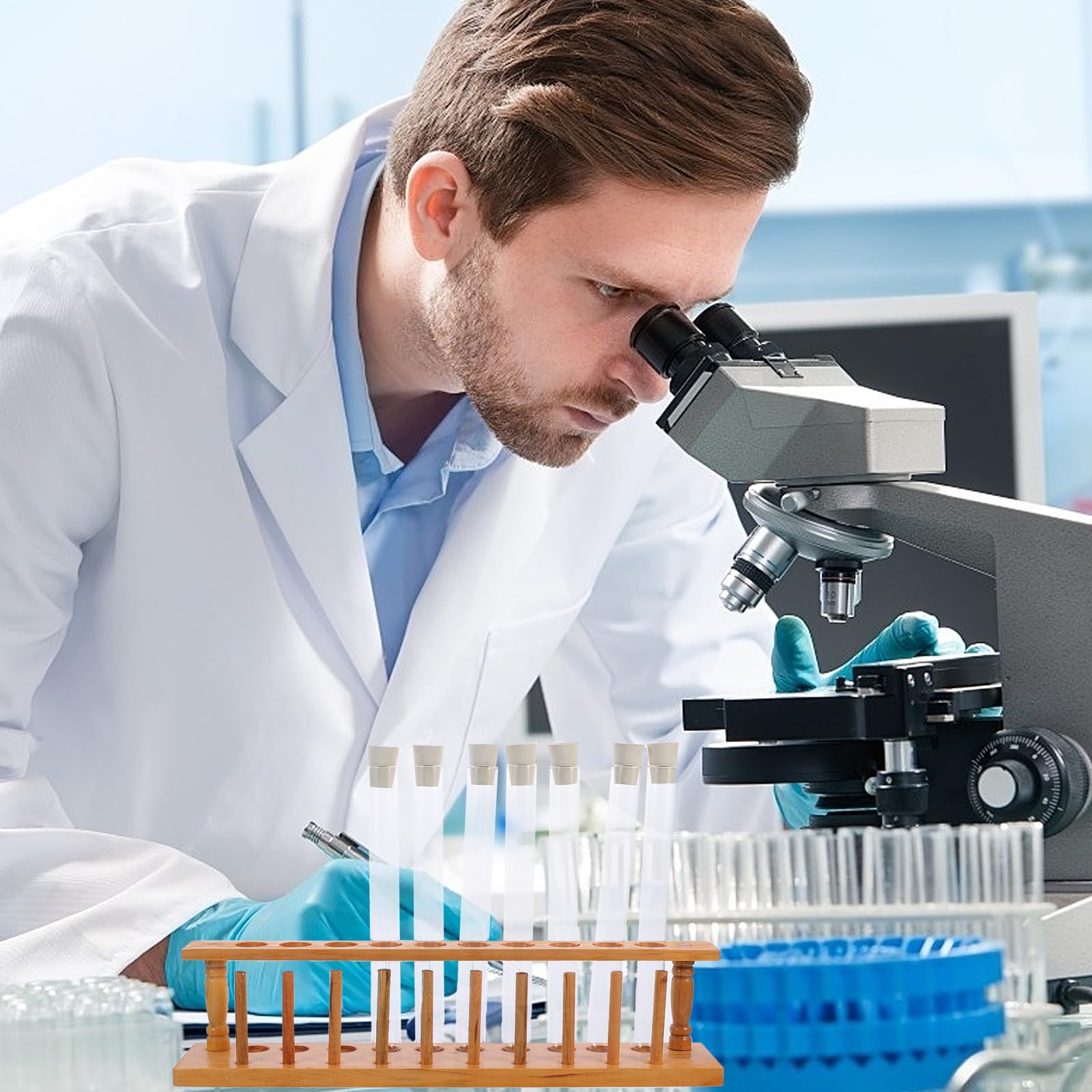 YARNOW Kit di Provette in Vetro con Tappi di Gomma, Supporto in Legno da 10 Fori e Spazzola per Pulizia, per Esperimenti Scientifici Scolastici e Attività Creative
