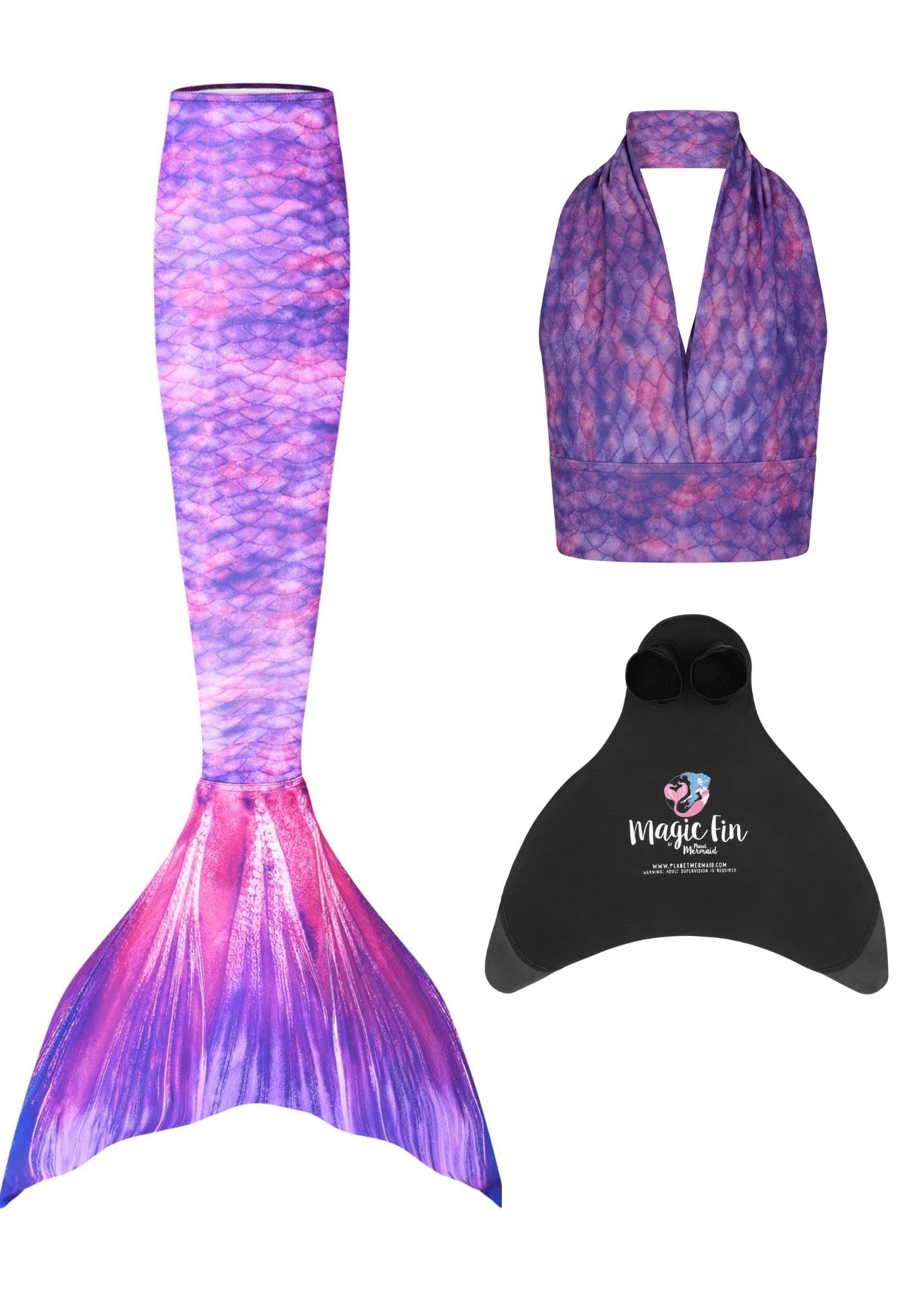 Mermaid Planet Woman's 3 Piece Vivid Colour Swimming Mermaid Tail, Top & Wear-Resistant Magic Fin Monofin. Purple Rain. Size 12-14