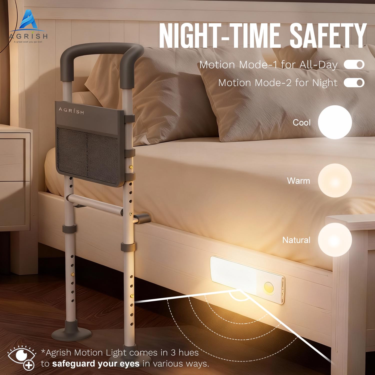 Agrish Sponda letto per anziani con luce LED e supporto per alzarsi – Maniglia di sicurezza regolabile con tasca portaoggetti, adatta a letti singoli e matrimoniali