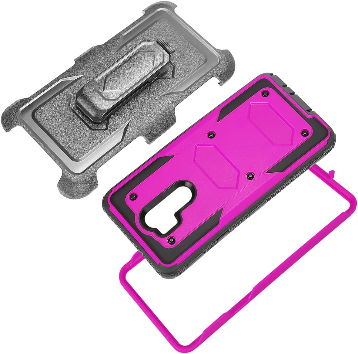 KooJoee Hot Pink Armor Defender Case Compatible with LG G7, Heavy Duty Shockproof Holster [Kickstand][Belt Swivel Clip] Full-Body Rugged Protection Carrying Case with Free Touch Stylus for LG G7 ThinQ