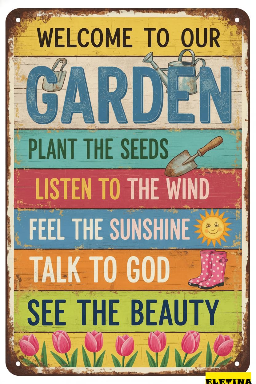 Vintage Metal Tin Sign for Man Cave Welcome To Our Garden - 8x12 Inches Decorative Outdoor Use, Perfect Home, Patio, Porch, Backyard, And Garden Decor Private Property