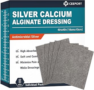Ceeport Silver Calcium Alginate Wound Dressing, 4" x 4" Patches, Highly Absorbent Dressing Gauze, Non Stick Pads for Wounds, Soft and Comfortable Silver Dressing for Wound Care, 5 Packs