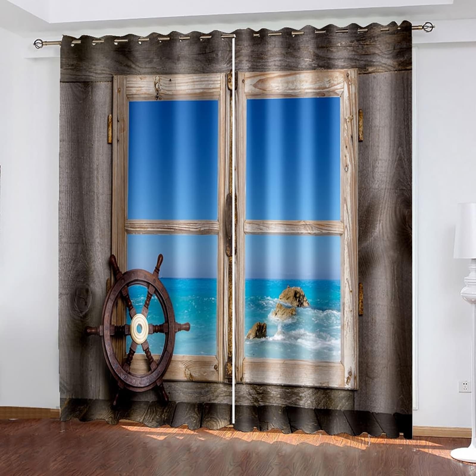 Voilage de salon trompe l'œil fenêtre en bois vue mer