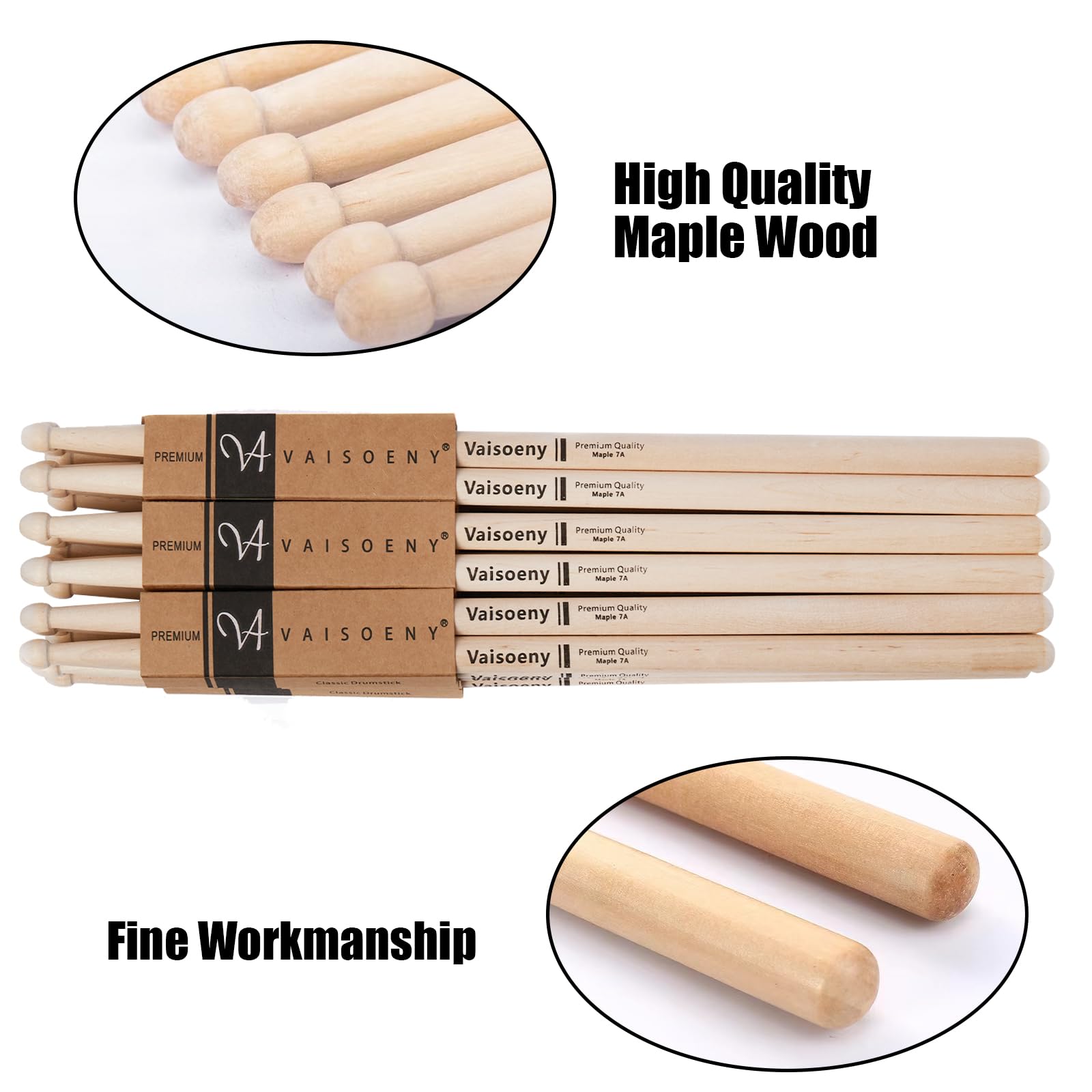 Vaisoeny Drum Sticks,5A Drumsticks for Adults,12 works Classic Maple Wood Drumsticks for Kids Professional Musical Instrument Percussion Accessories - Image 3