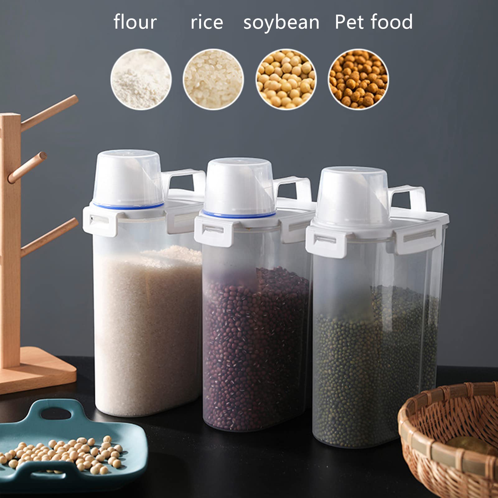 Shanrya Contenitore Per Cereali E Riso 2kg - Bianco - Con Beccuccio Versatore E Misurino - Ermetico E Trasparente In PP Alimentare
