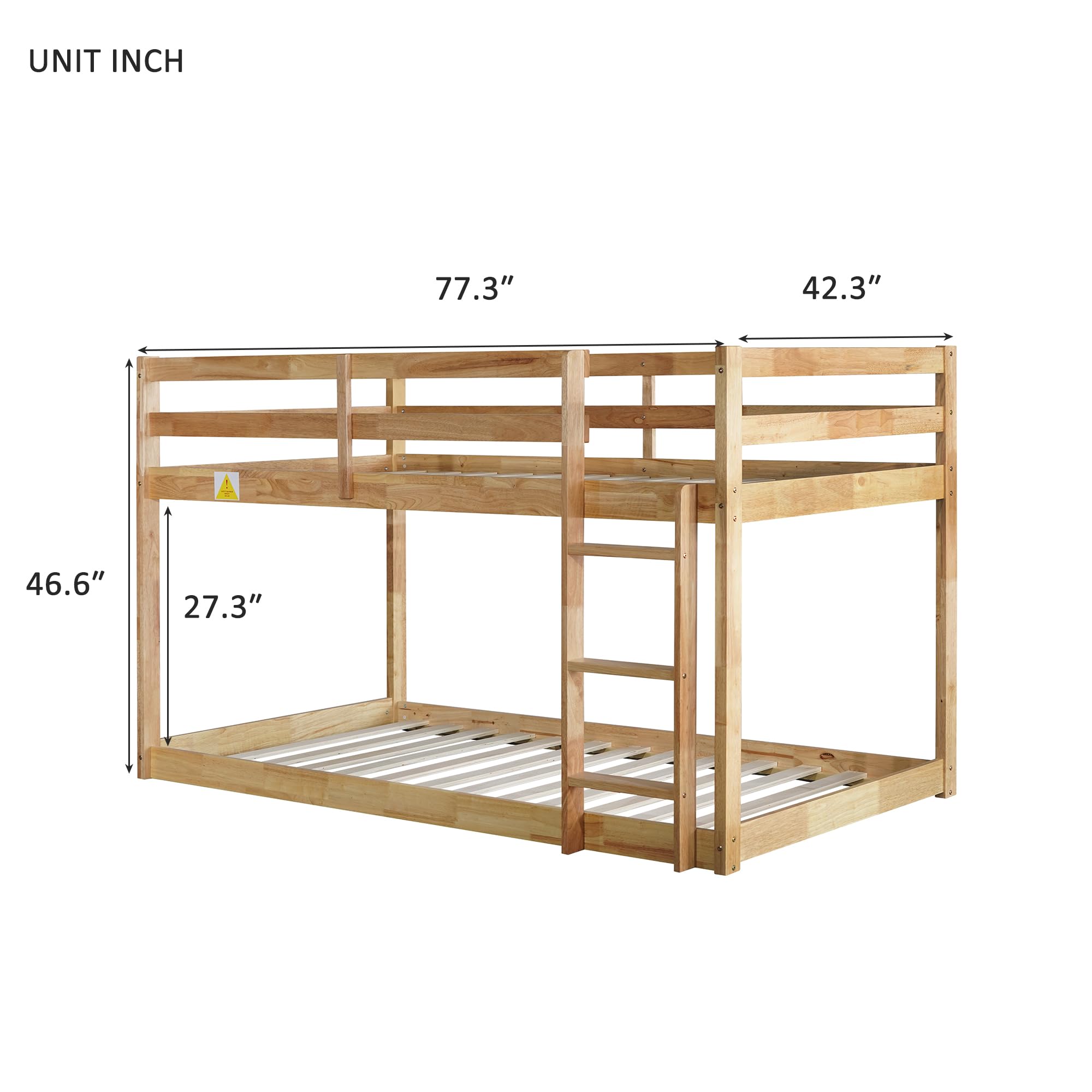 KT Rolster Low Bunk Bed, Solid Wood Twin Over Twin Floor Bunk Bed Frame with Ladder and Full Guardrails, Toddle Bunk Bed with Strengthened Slats, Floor Twin Bunk Beds for Kids Boys Girls, Natural