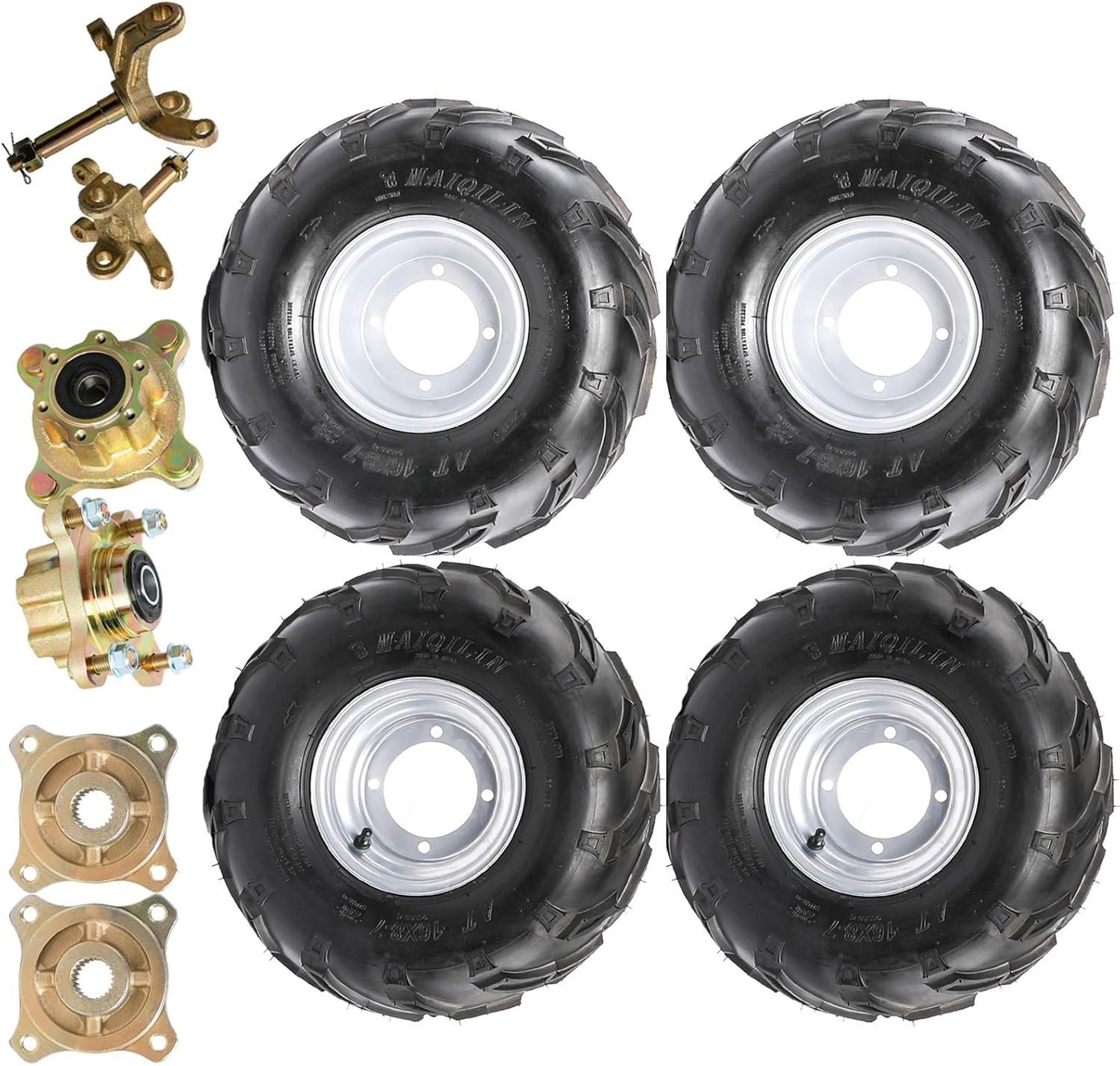 16x8-7 16x8x7 ATV Go Kart Tire and Wheel with with 24T Spline Rear Axle Hubs, Front Wheel Hubs Steering Spindles – 4 Stud Rim, All-Terrain – ATV Quad UTV Buggy Lawn Mower Mini Bike 4 Wheeler