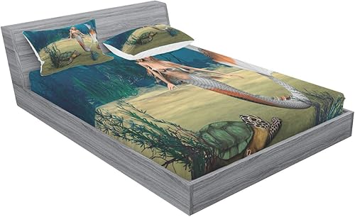 Miniatura 2 de Ambesonne Mermaid Fitted Sheet & Pillow Sham Set, Digital Render of Mermaid Turtle Fantasy World in Ocean Under The Sea Art, Decorative Printed 3