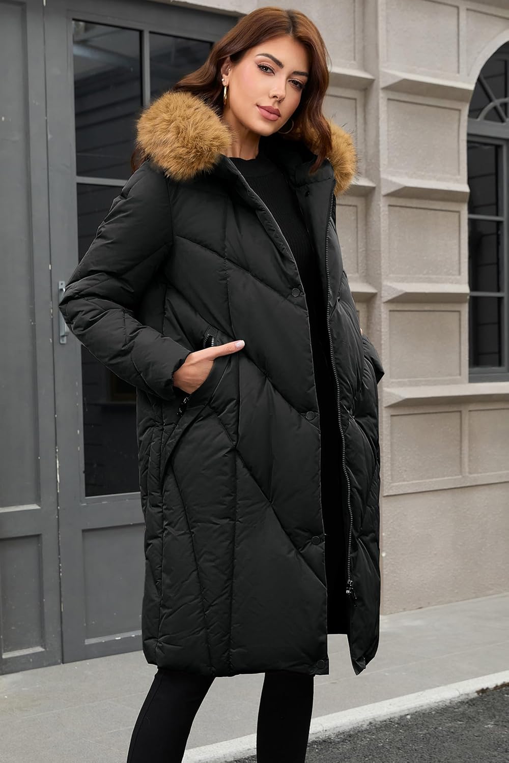 PAPILLON D'OR WEAR YOUR WINGS Women's Long Puffer Coat - Detachable Faux Fur Collar Diamond Quilted Winter Jacket - Image 3