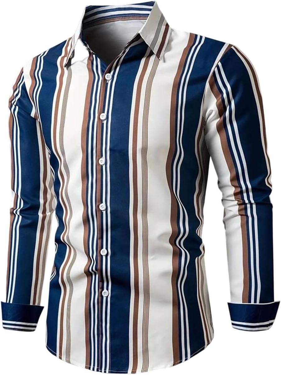 Men's Lapel Button Up Shirt Spring Business Casual Long Sleeved Shirt Fashion Print Pattern Male Blouse