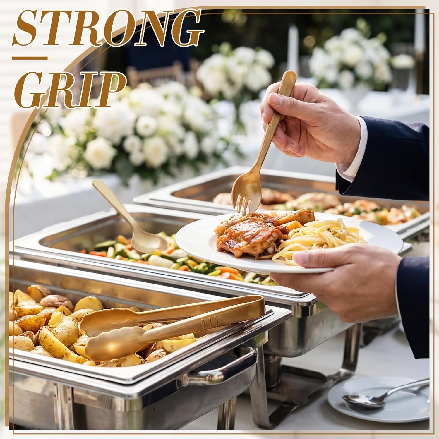 FoldTier 72 Pcs Disposable Plastic Serving Utensils Set Gold Serving Spoons Forks Tongs, Disposable Utensils for Party Weddings Birthday Dinner Buffets Banquets