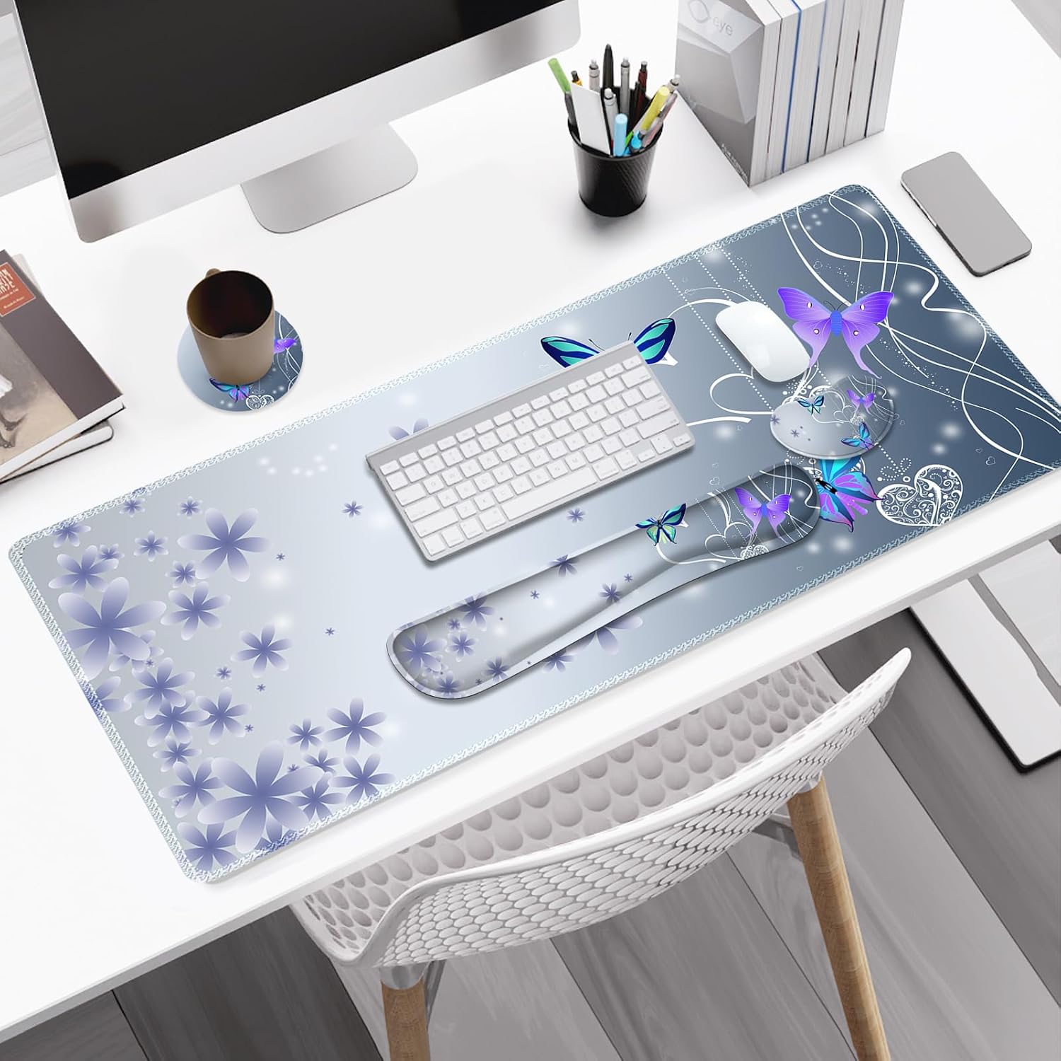 Cute Butterfly Desk Mat, Florals 4 in1 Large Gaming Mouse Pad Set, Ergonomics Keyboard Pad with Memory Foam Wrist Rest, Extended Game Mousepad Non-Slip Desk Protector Matt Easy Typing Pain Relief