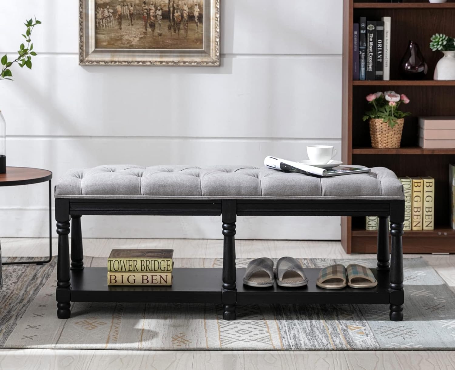 Kmax Storage Entryway Bench Tufted Shoe Rack Bench Black Wood Window Bench for Hallway Entrance Bedroom Corner, Grey