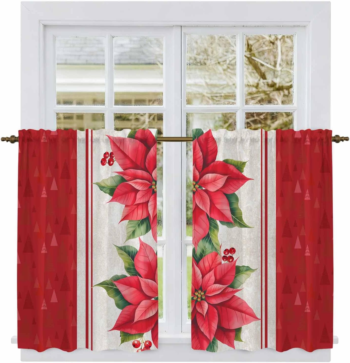 Red Poinsettia Christmas Kitchen Tier Curtains 45 Inch Long 2 Panel Set,Rod Pocket Short Window Treatment,Xmas Botanical Floral Modern Art Curtains & Drapes for Bathroom Basement 27.5"W x 45"L