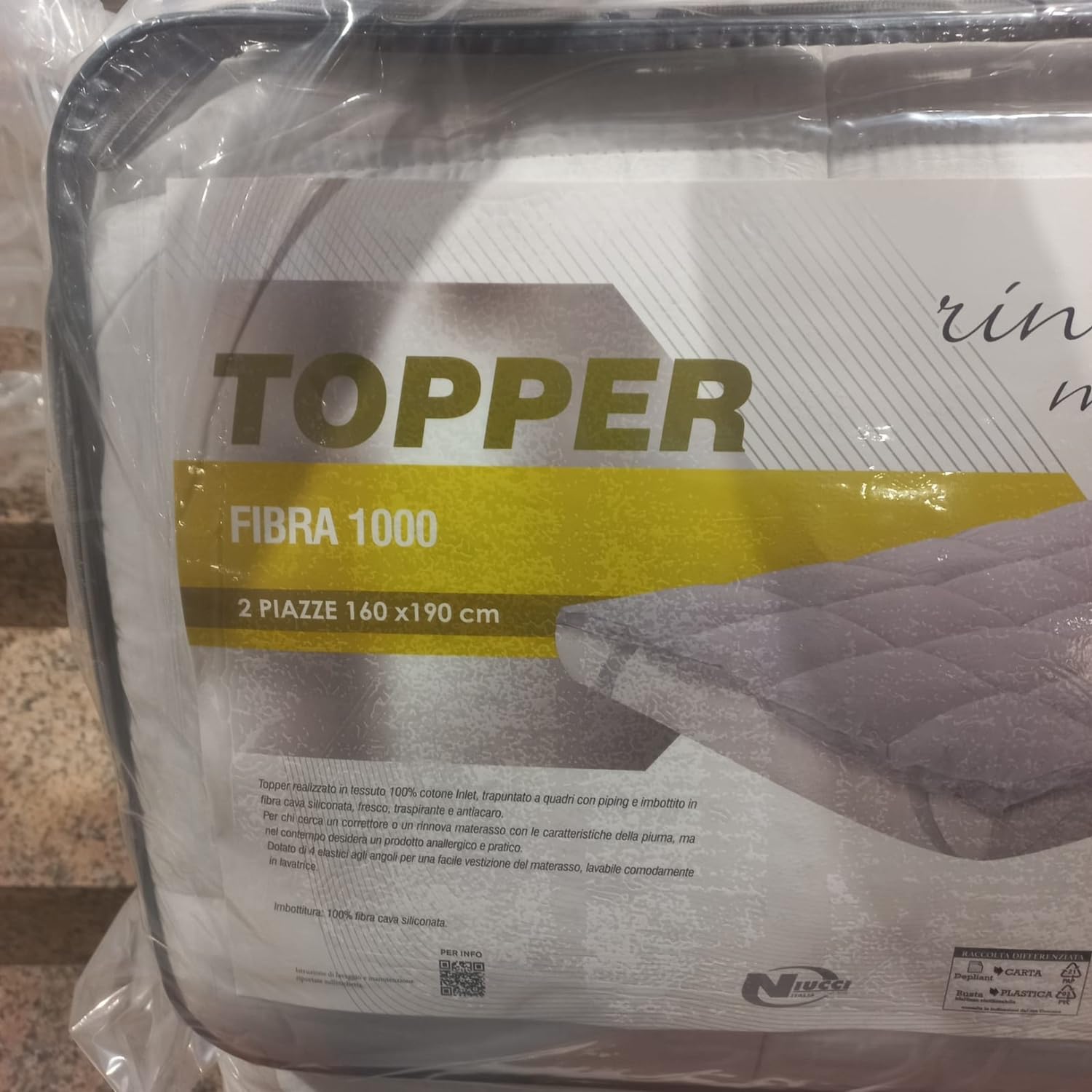 BIBIHOME - Topper Fibra 1000 Niucci in Cotone e Fibra Anallergica – Fresco, Traspirante, Antiacaro, Trapuntato a Quadri con Piping, 100% Made in Italy, Comfort e Morbidezza per Materasso