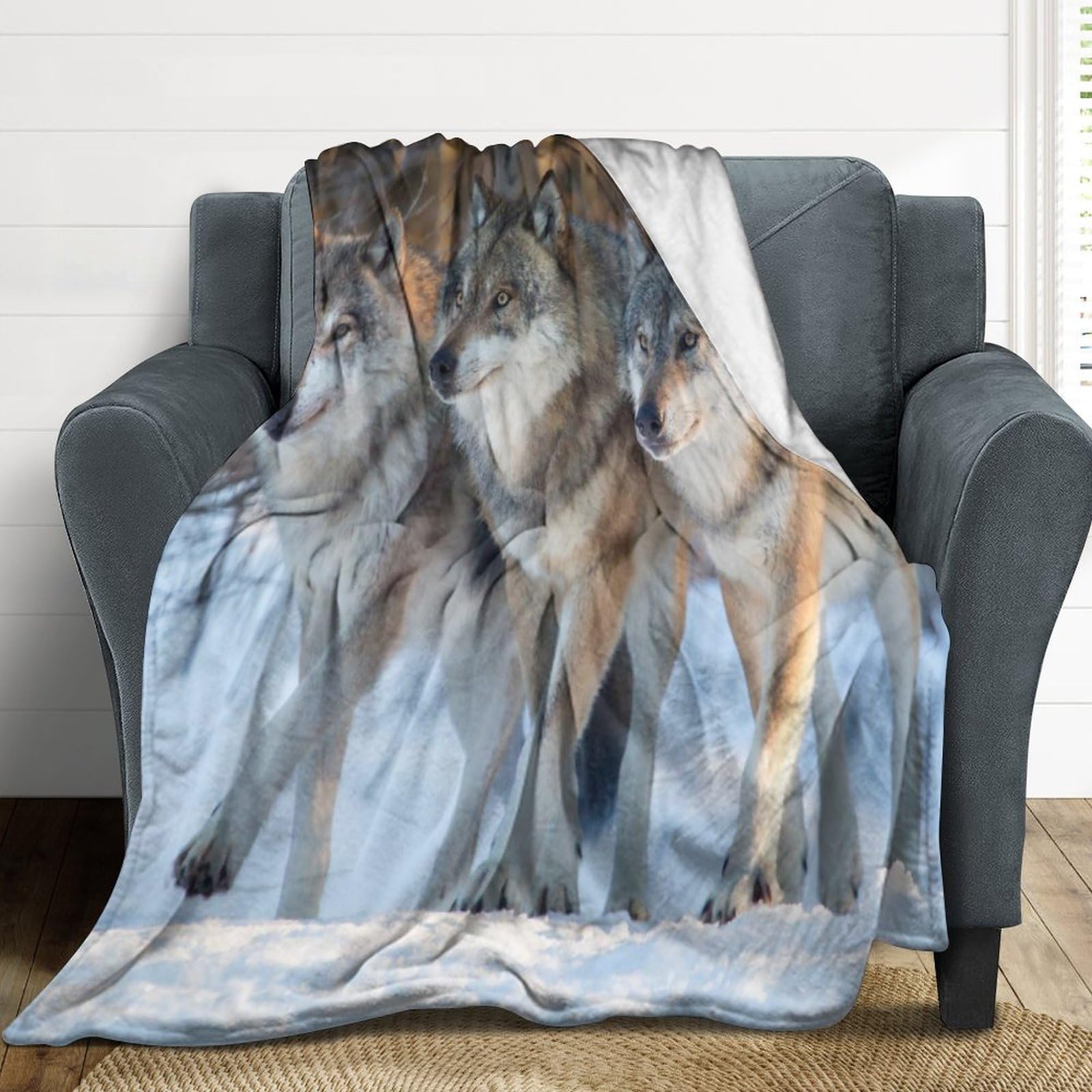 Loussiesd Wolf het hele seizoen, beddeken maan wolf flanellen fleece deken safari dier pluche deken, voor bank kinderen blauwe melkweg boomtakken en paarse bloemen ultra zachte eenpersoons 127 x 152