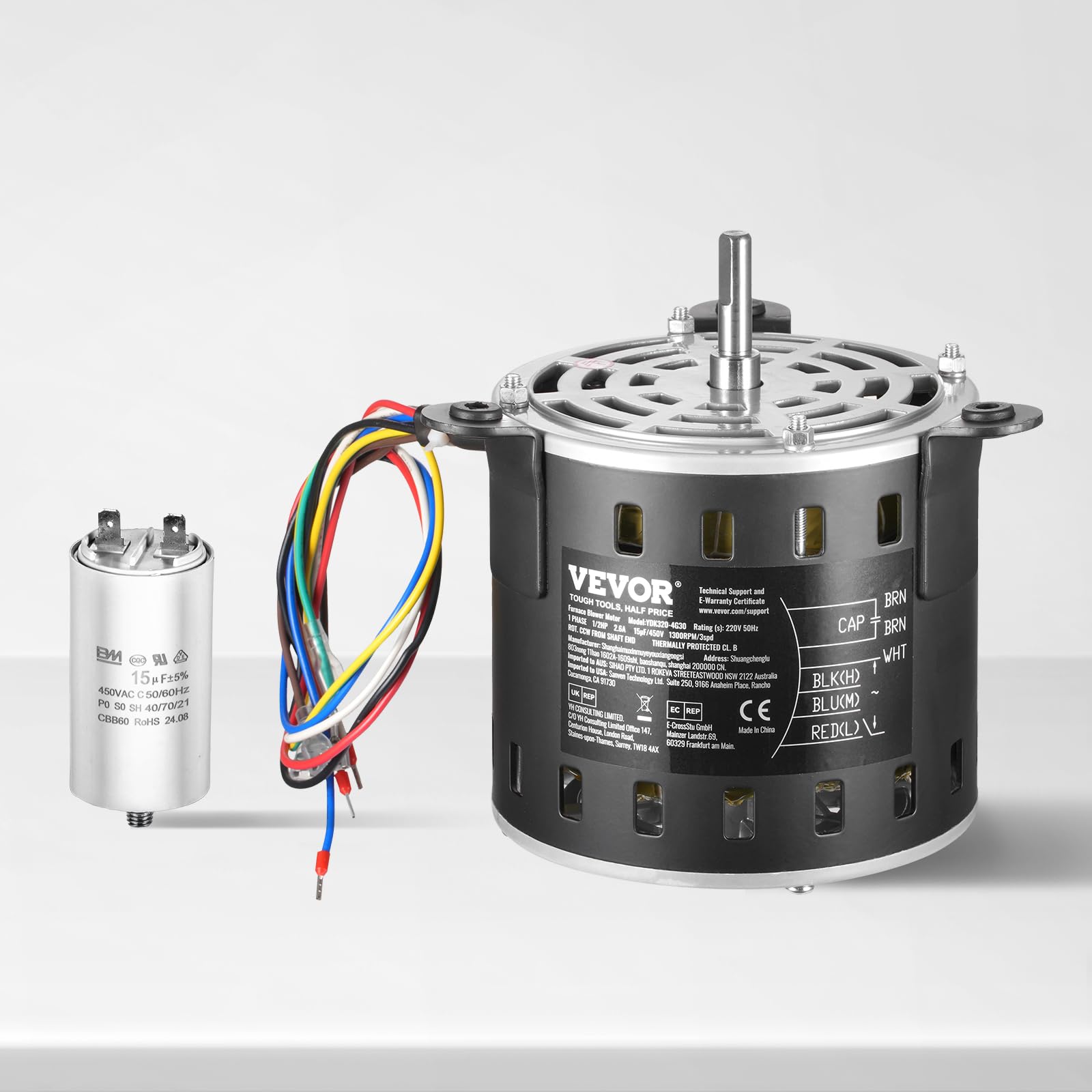 VEVOR Motor de Soplador de Horno de 1/2 HP, 220 V, 2,6 A, 1300 RPM, 3 Velocidades, Diámetro de Eje de 10 mm, Longitud de Eje de 20 mm, Rotación en Sentido Antihorario desde el Extremo del Eje