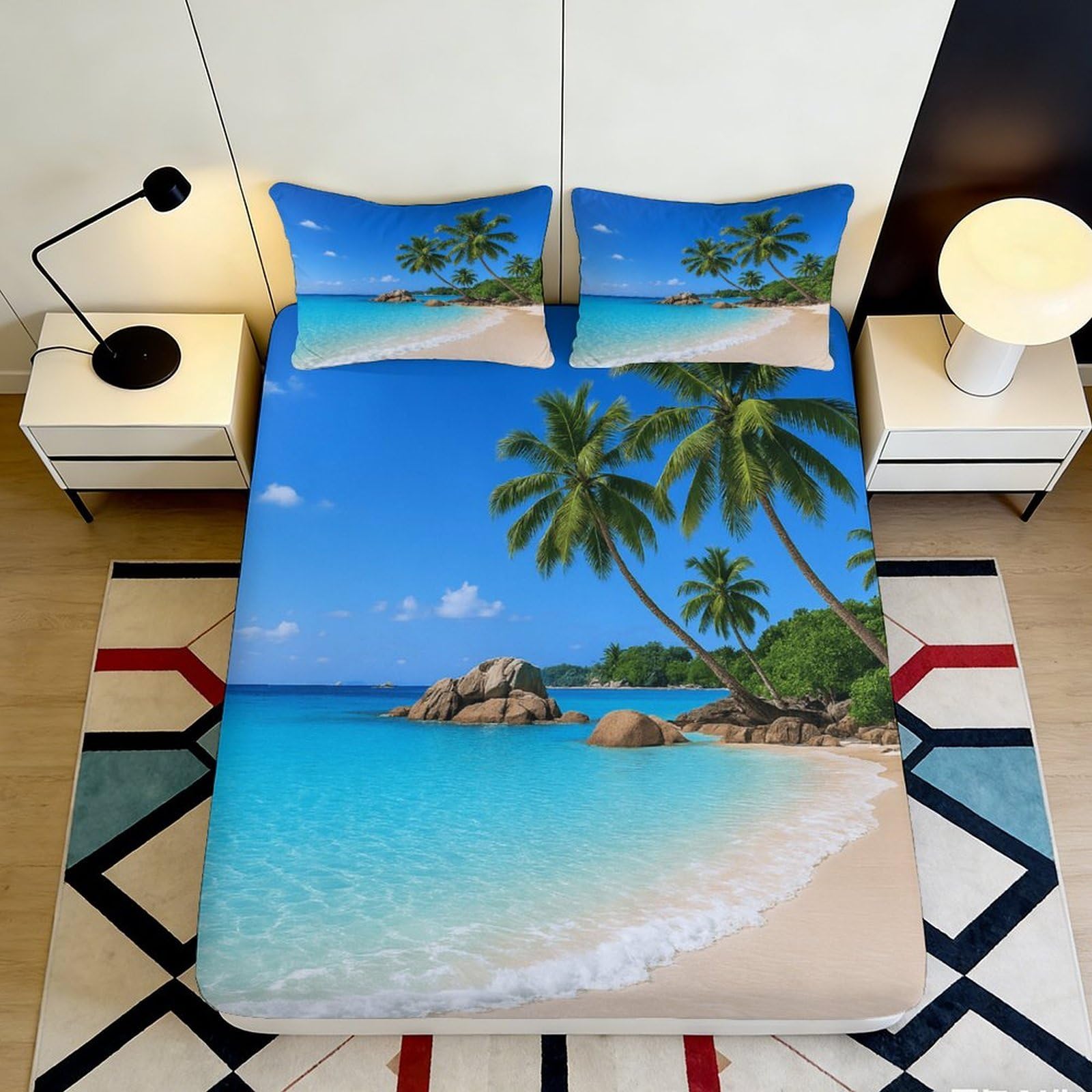 3D Printed Tropical Beach Fitted Sheet Microfiber Blue Ocean Palm Tree Mattress Cover for Bedroom Guestroom Decor 90x200x25cm