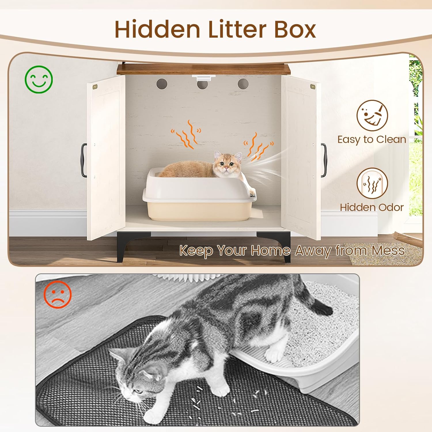 Snughome Cat Litter Box Enclosure with Storage Shelves, 2-in-1 Modern Cat Litter Box Enclosure Furniture Hidden, Wooden Cat Washroom Cat House with Metal Legs, Fit Most of Litter Box, White
