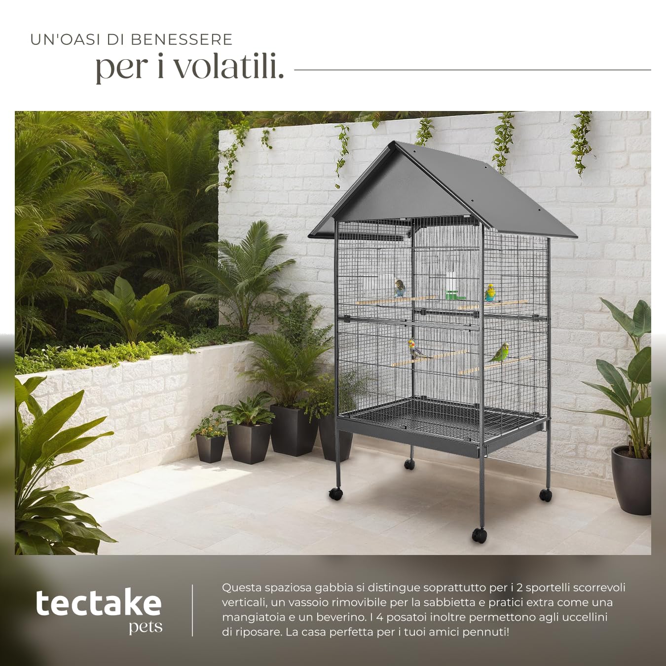 tectake® Gabbia per Uccelli, Spaziosa Voliera con Tetto Spiovente, Due Cancelletti, 4 Ballatoi, Piedi a Rotelle Bloccabili, 168 x 85 x 60 cm, Antracite, Tetto a Punta - 85 x 60 x 168 cm